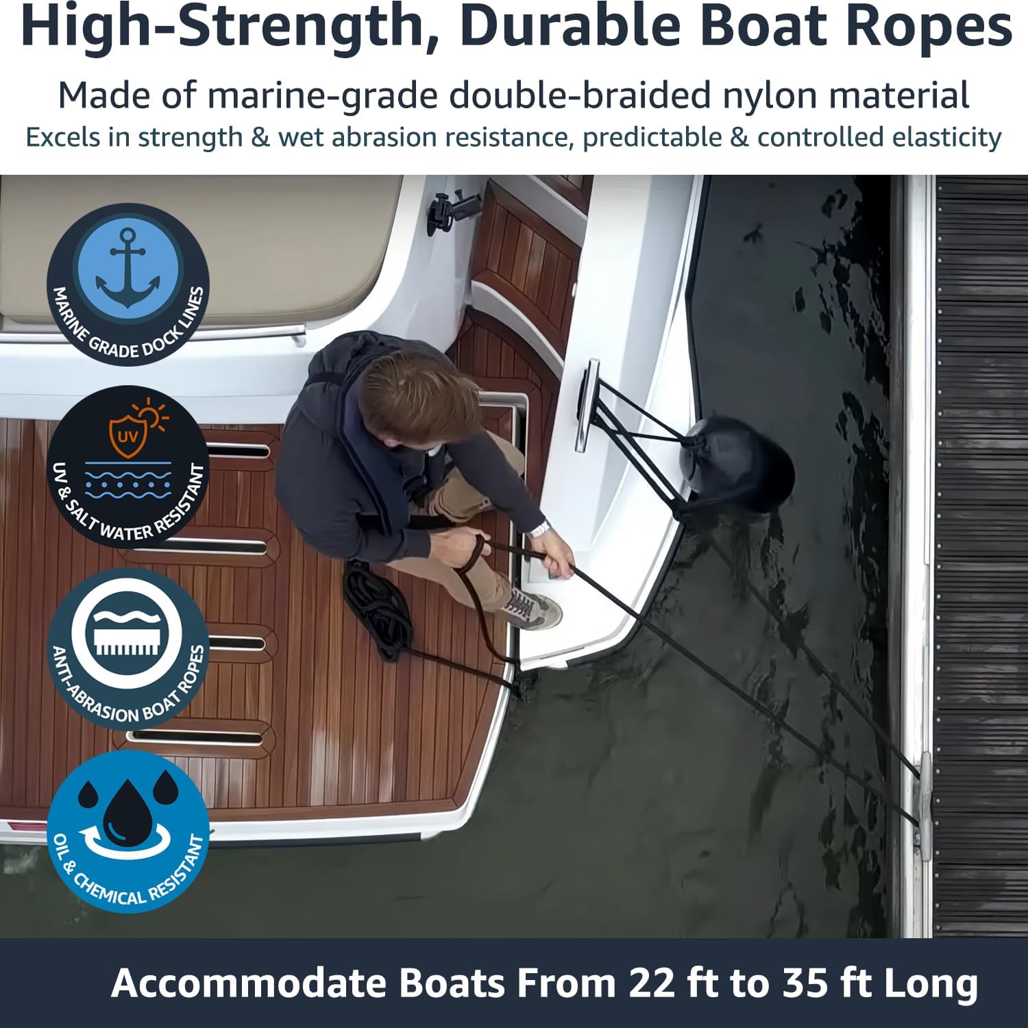 2 Pack 1/2" x 30' Dock Lines - Marine Grade Nylon Boat Rope with 12" Loop for Docking and Mooring - Double Braided Boat Lines, High Strength, Easy Handling, Fray Resistant - Black - Image 4
