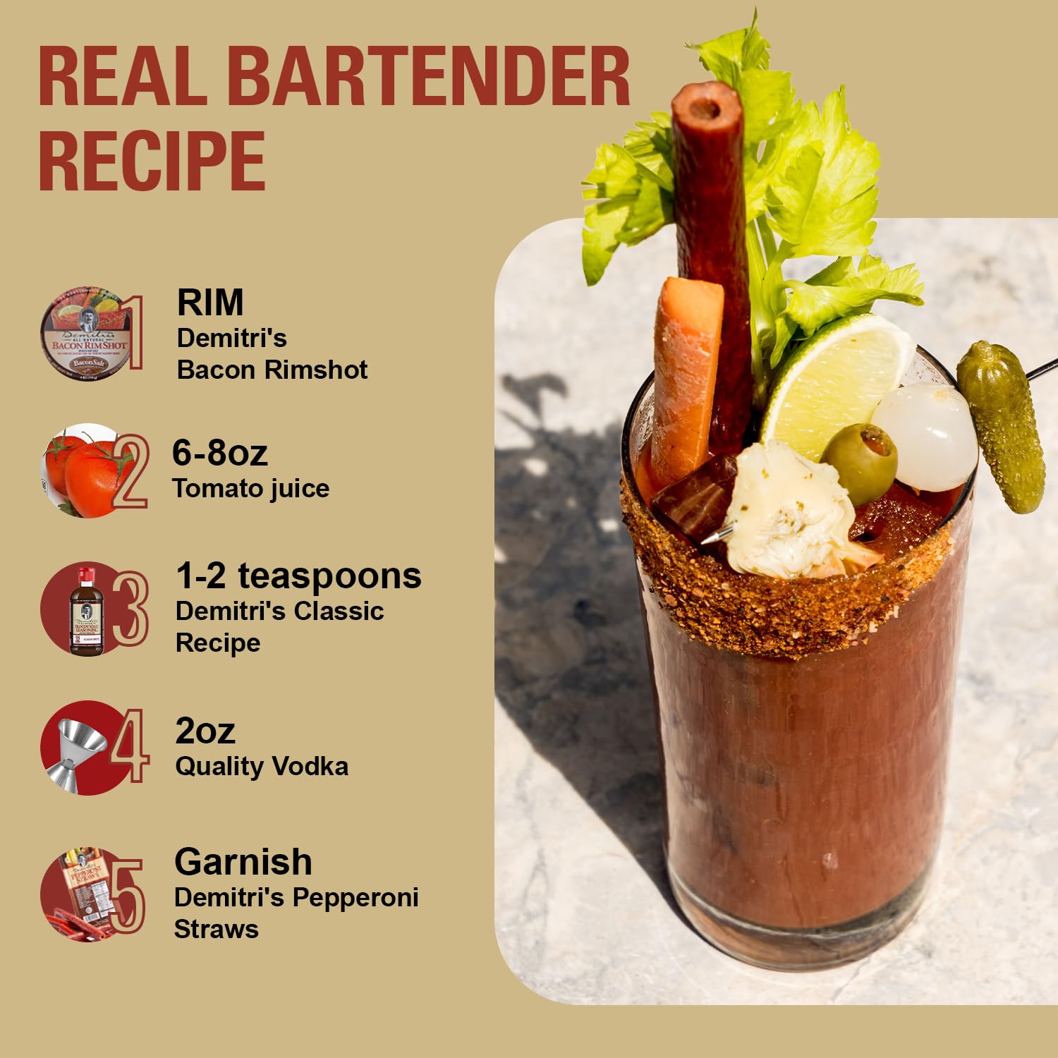 Demitri's Bloody Mary Pepperoni Straws, Smoky Edible Made With Pork & Chicken, Cocktail Garnish Snack, Perfect for Brunch Drinks or Parties, 5 Straws, 3-Pack - Image 5