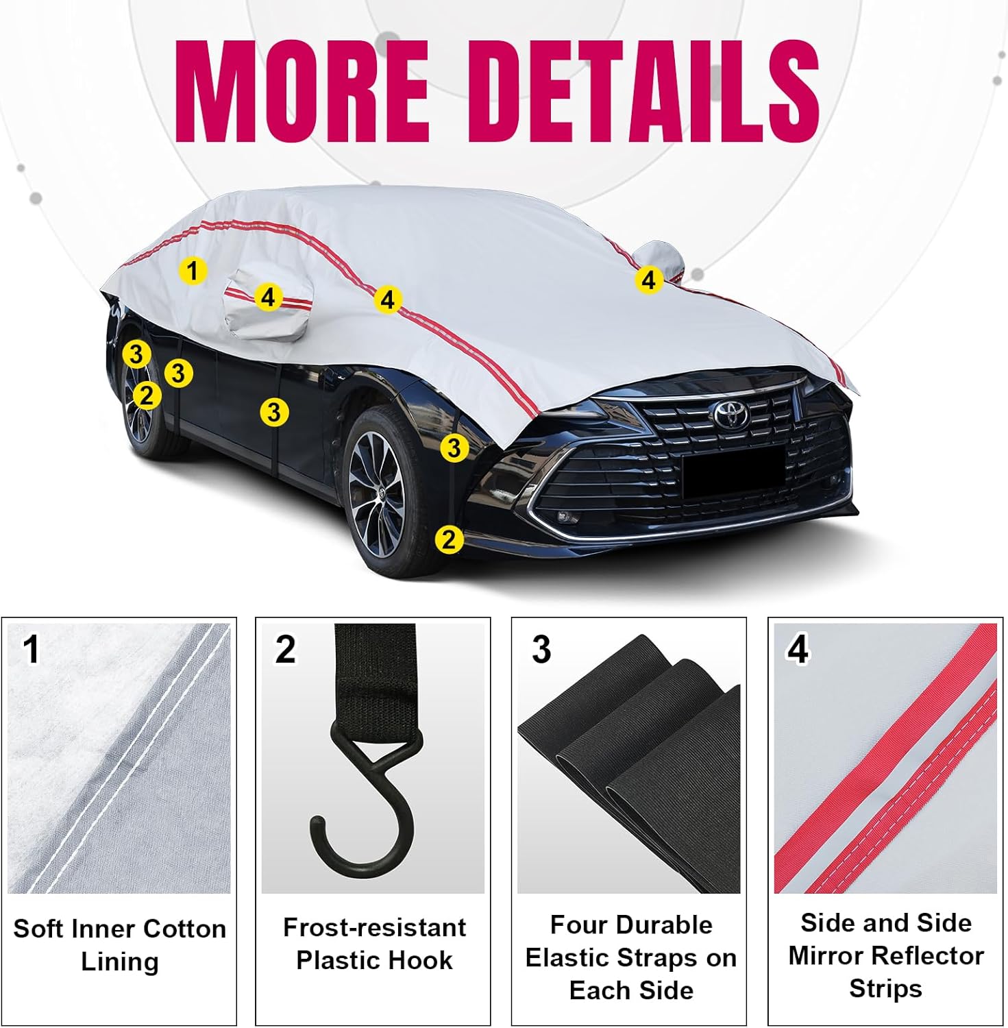 Half Car Cover SUV,Top Cover with Red Reflective Strip, Hail Protector Car Cover with Cotton Liner, Sunroof & Windshield Cover for Ice and Snow, All Weather Car Body Cover for Sun, Rain, Dust - Image 4