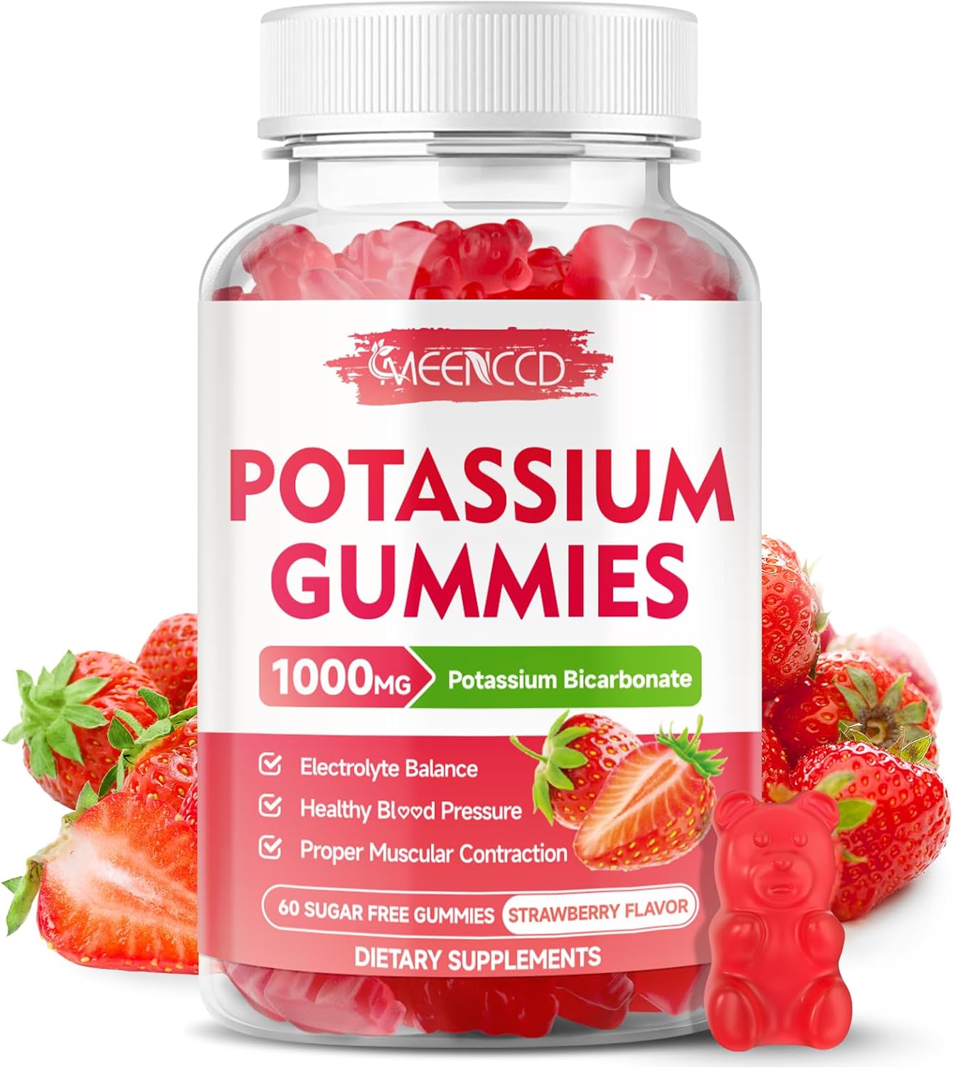 Potassium Gummies, Potassium Bicarbonate Supplement for Adults & Kids, Potassium Supplement for Electrolyte Balance & Muscle Heath, Sugar-Free, Strawberry Flavor, 60 Count