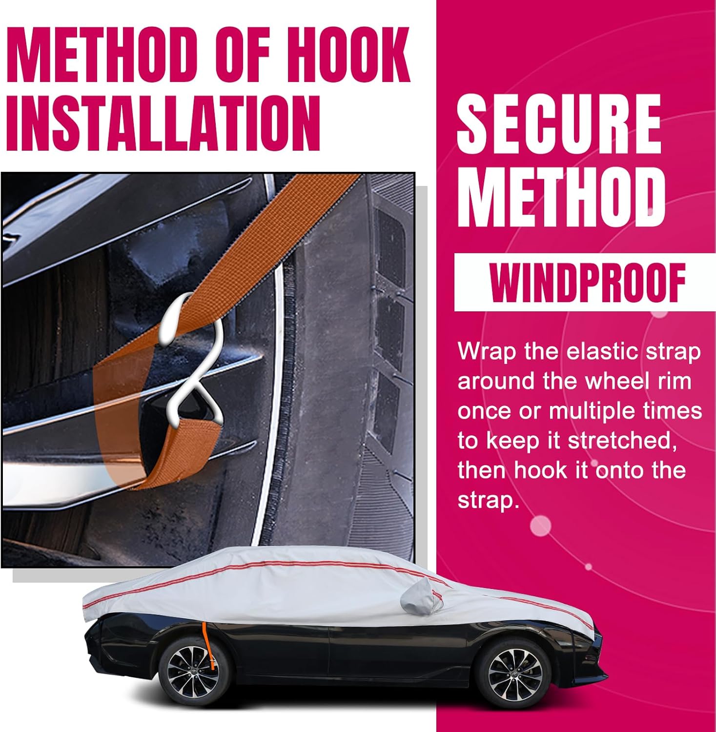 Half Car Cover SUV,Top Cover with Red Reflective Strip, Hail Protector Car Cover with Cotton Liner, Sunroof & Windshield Cover for Ice and Snow, All Weather Car Body Cover for Sun, Rain, Dust - Image 6