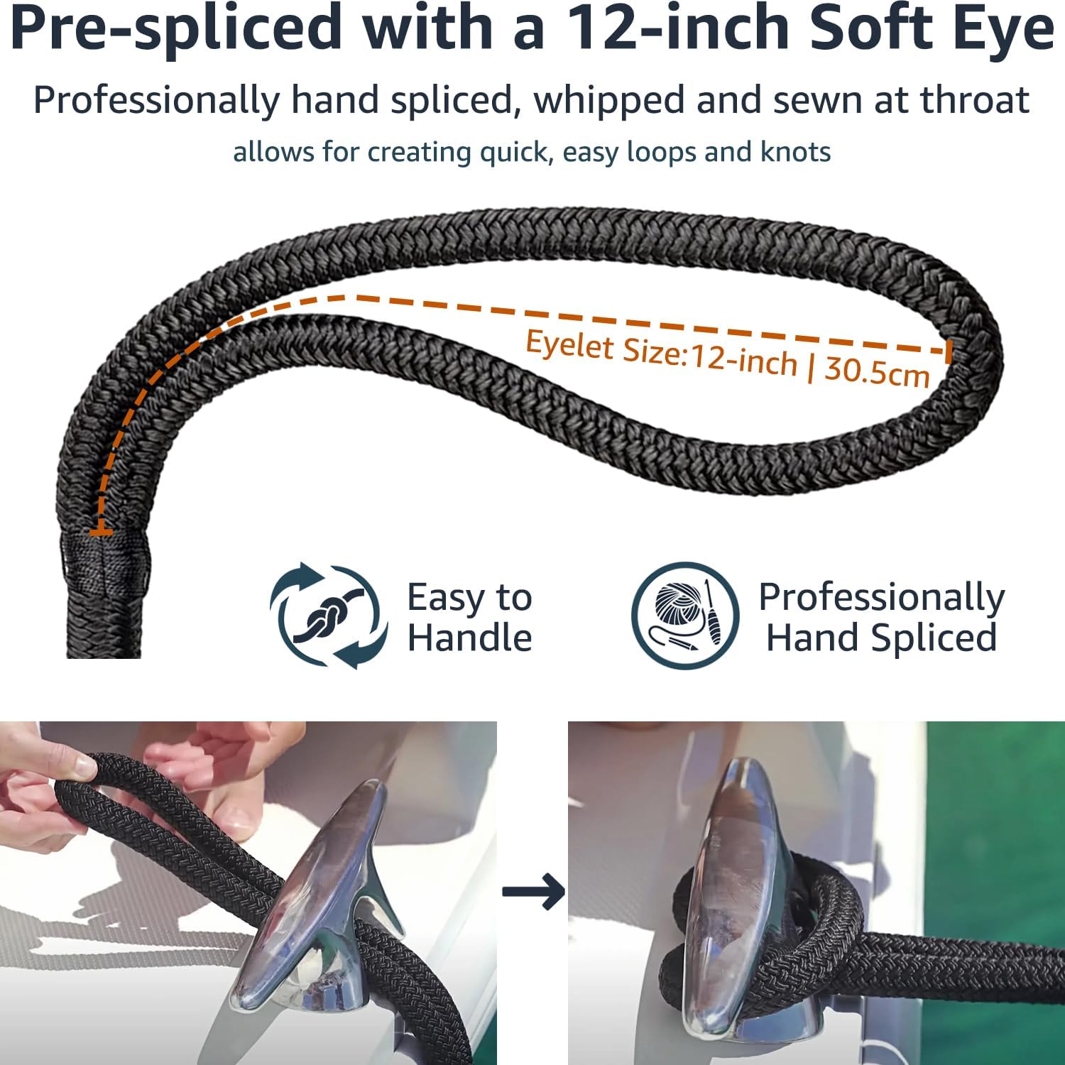 2 Pack 1/2" x 30' Dock Lines - Marine Grade Nylon Boat Rope with 12" Loop for Docking and Mooring - Double Braided Boat Lines, High Strength, Easy Handling, Fray Resistant - Black - Image 3