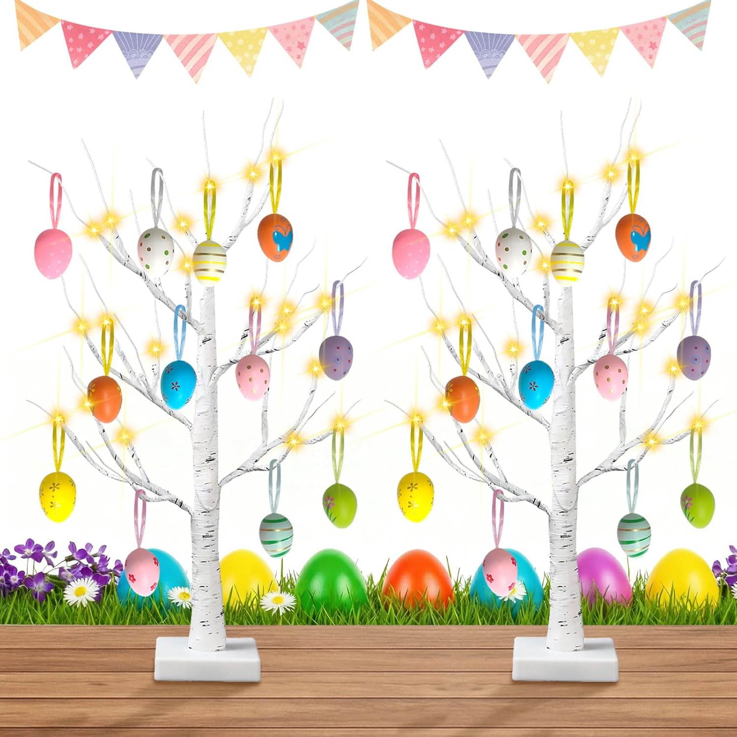 2 Pack Easter Decorations 24 Inch Artificial Lighted Easter Egg Tree, Pre-lit White Birch Tree with 12 Hanging Egg Ornaments for Party Birthday Home Spring Decoration