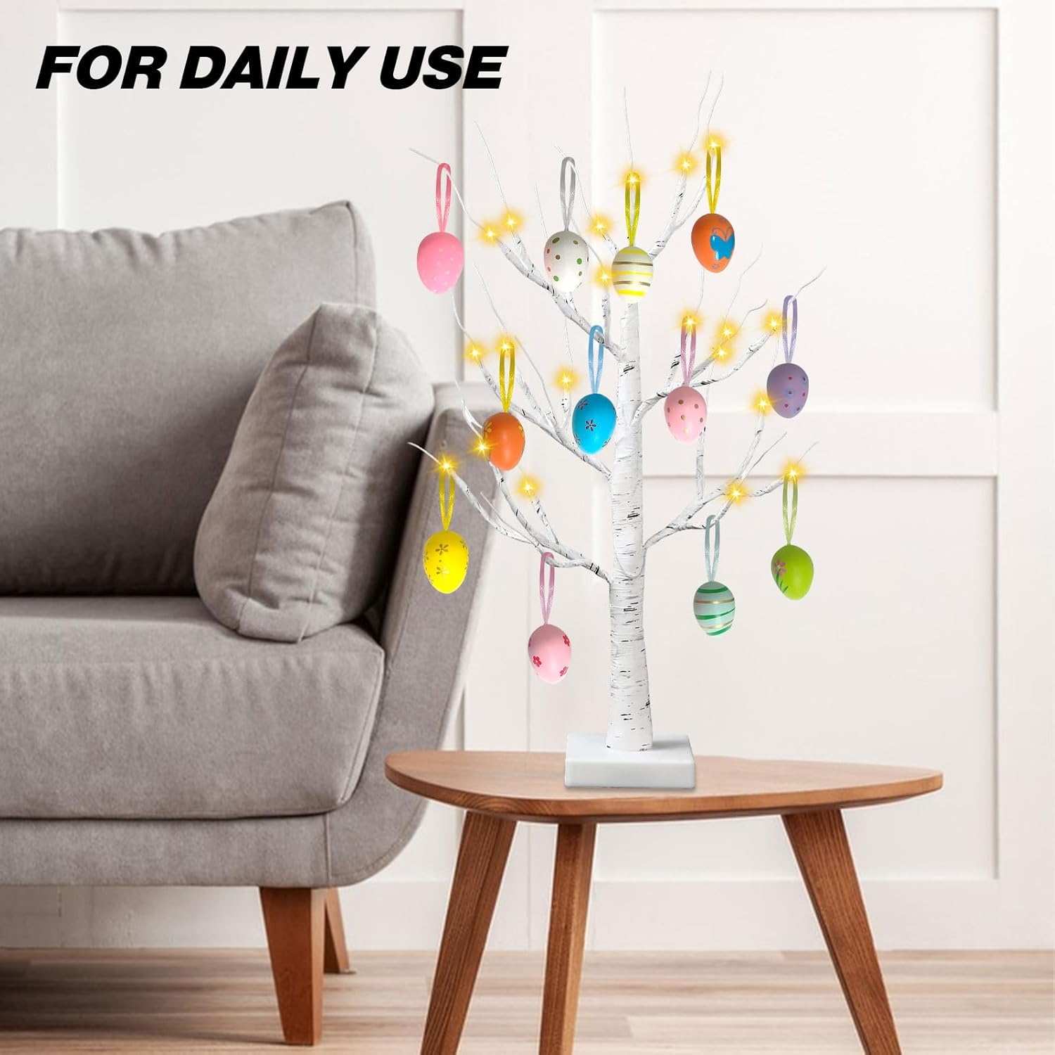 2 Pack Easter Decorations 24 Inch Artificial Lighted Easter Egg Tree, Pre-lit White Birch Tree with 12 Hanging Egg Ornaments for Party Birthday Home Spring Decoration - Image 5