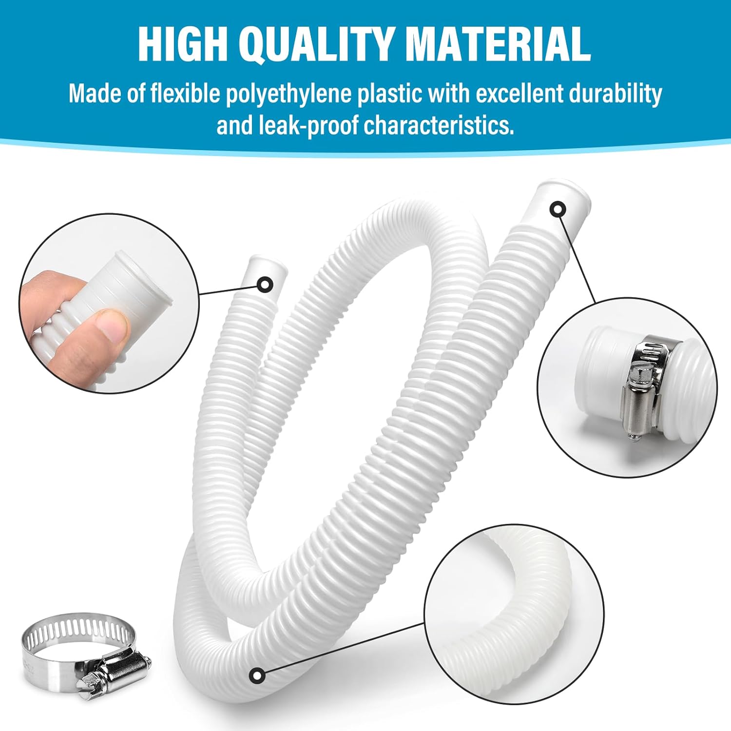 Madrigal 4-Pack of 1.25 x 59-Inch Pool Pump Replacement Hose for Above Ground Pools, Filter Pump Hoses, Replacement INTEX Hoses for 300/330/530/1000 Gallon Pool Pumps, Includes 8 Metal Clips, White - Image 2