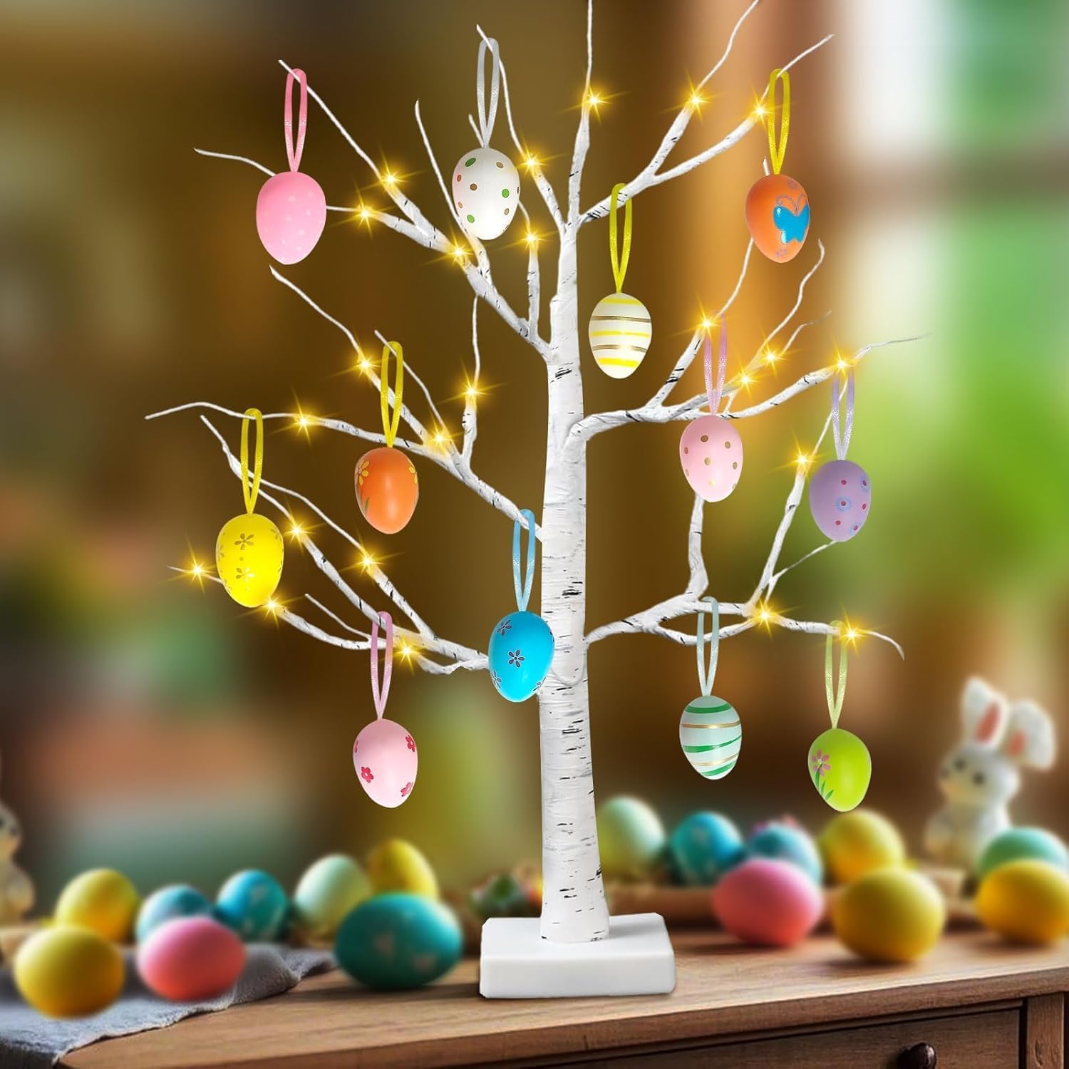 2 Pack Easter Decorations 24 Inch Artificial Lighted Easter Egg Tree, Pre-lit White Birch Tree with 12 Hanging Egg Ornaments for Party Birthday Home Spring Decoration - Image 2