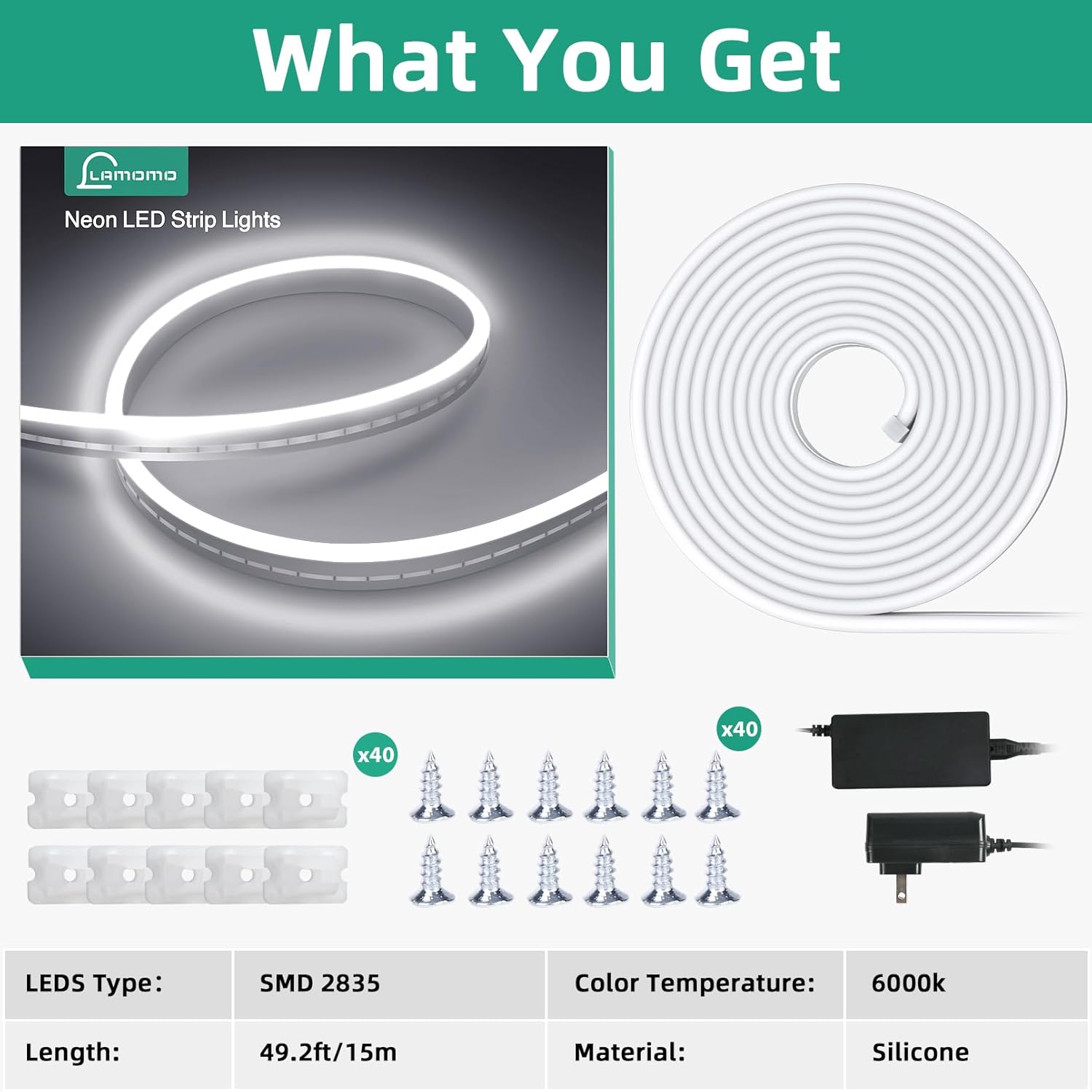 Lamomo Neon Rope Lights, 49.2ft White IP65 Waterproof LED Strip Lights, 24V 6000K Silicone 1800 LEDs Neon Lights for Indoor, Bedroom, Living Room - Image 7