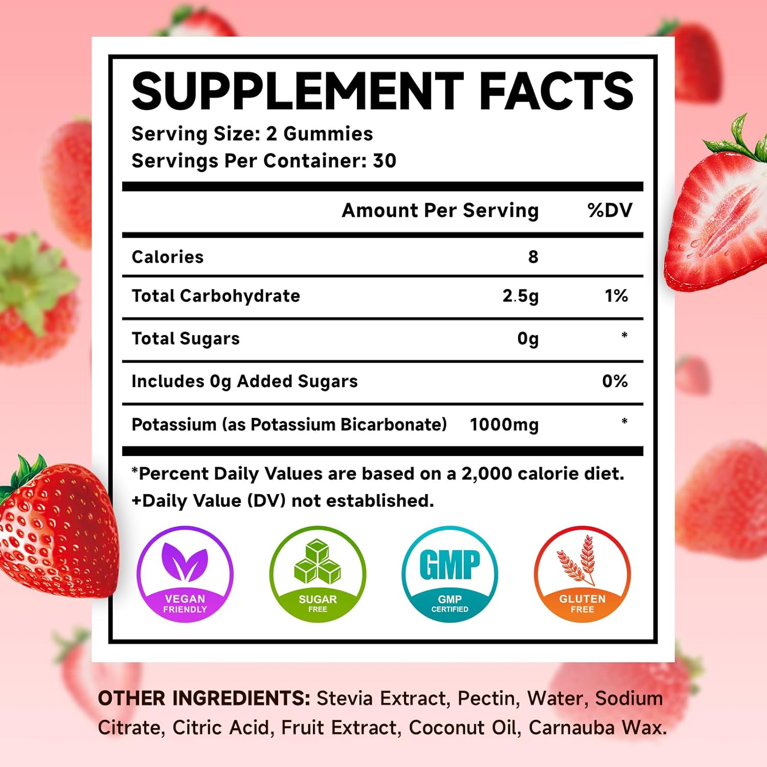 Potassium Gummies, Potassium Bicarbonate Supplement for Adults & Kids, Potassium Supplement for Electrolyte Balance & Muscle Heath, Sugar-Free, Strawberry Flavor, 60 Count - Image 2