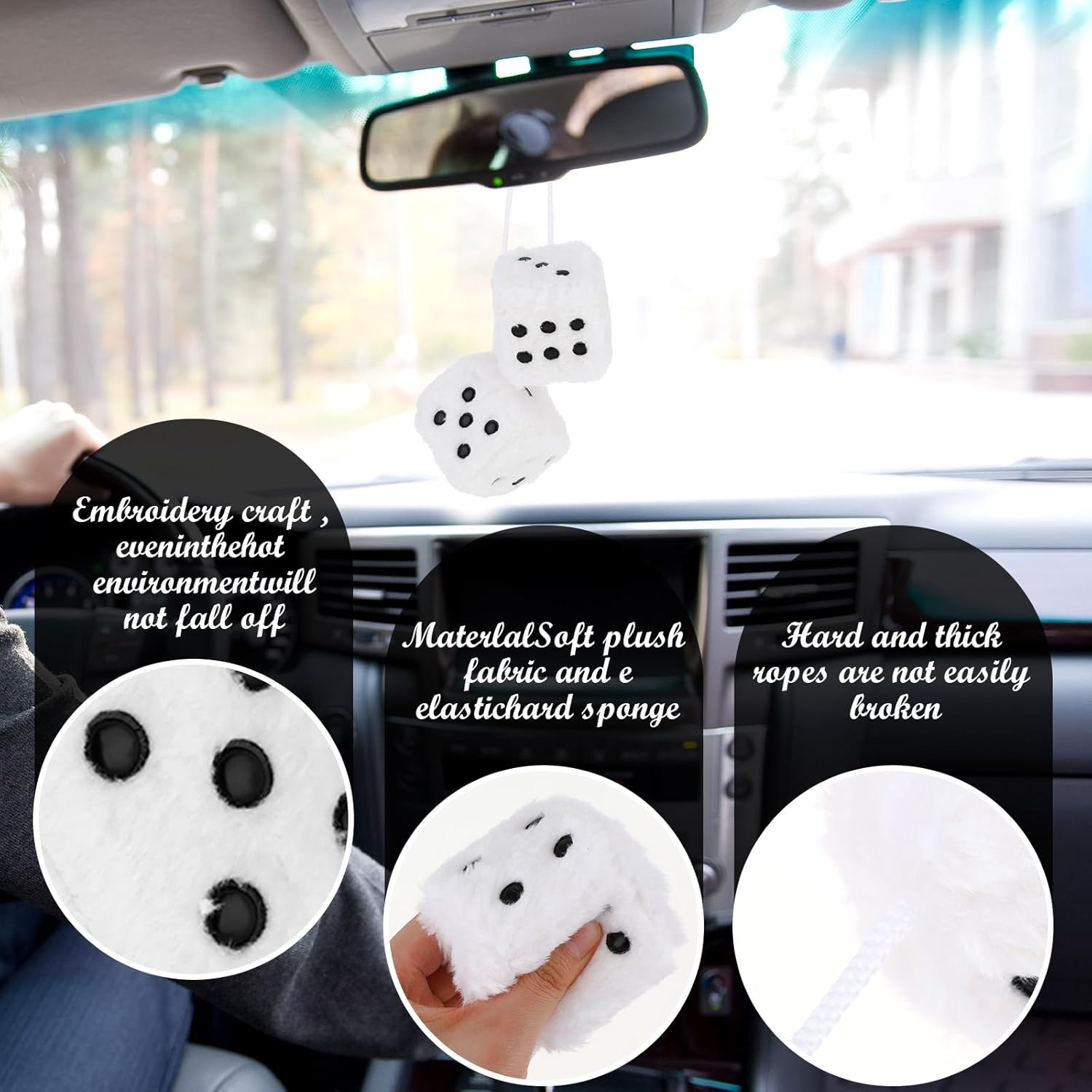Fuzzy Plush Dice for Car Mirror 2.36” Pair of Retro Square Decoration Dice with White Dots Car Interior Hanging Ornament Decoration(White) - Image 2