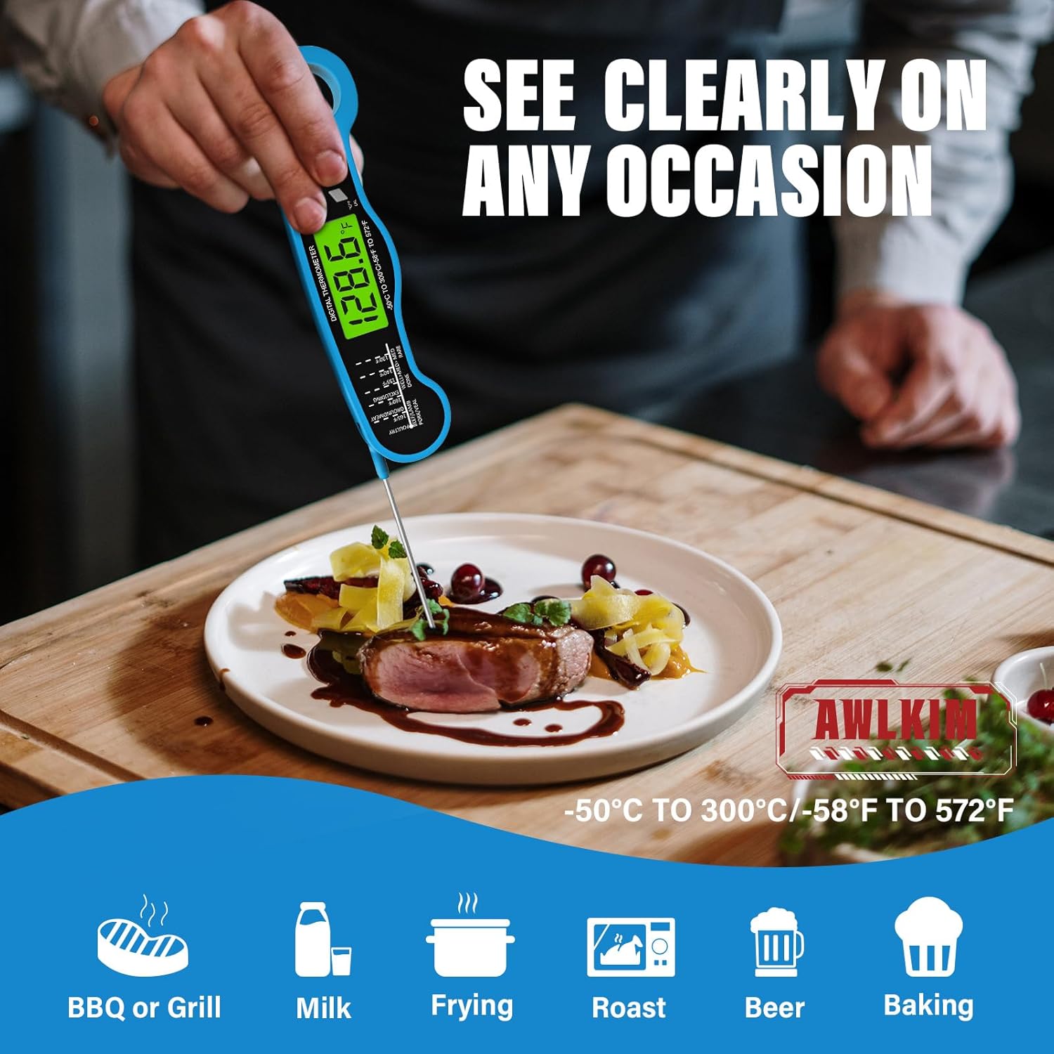 Fast Instant Read Meat Thermometer with Backlight - Waterproof Digital Food Probe for Grilling, Cooking, Baking & Candy Making - Kitchen & BBQ Essential(Blue) - Image 5