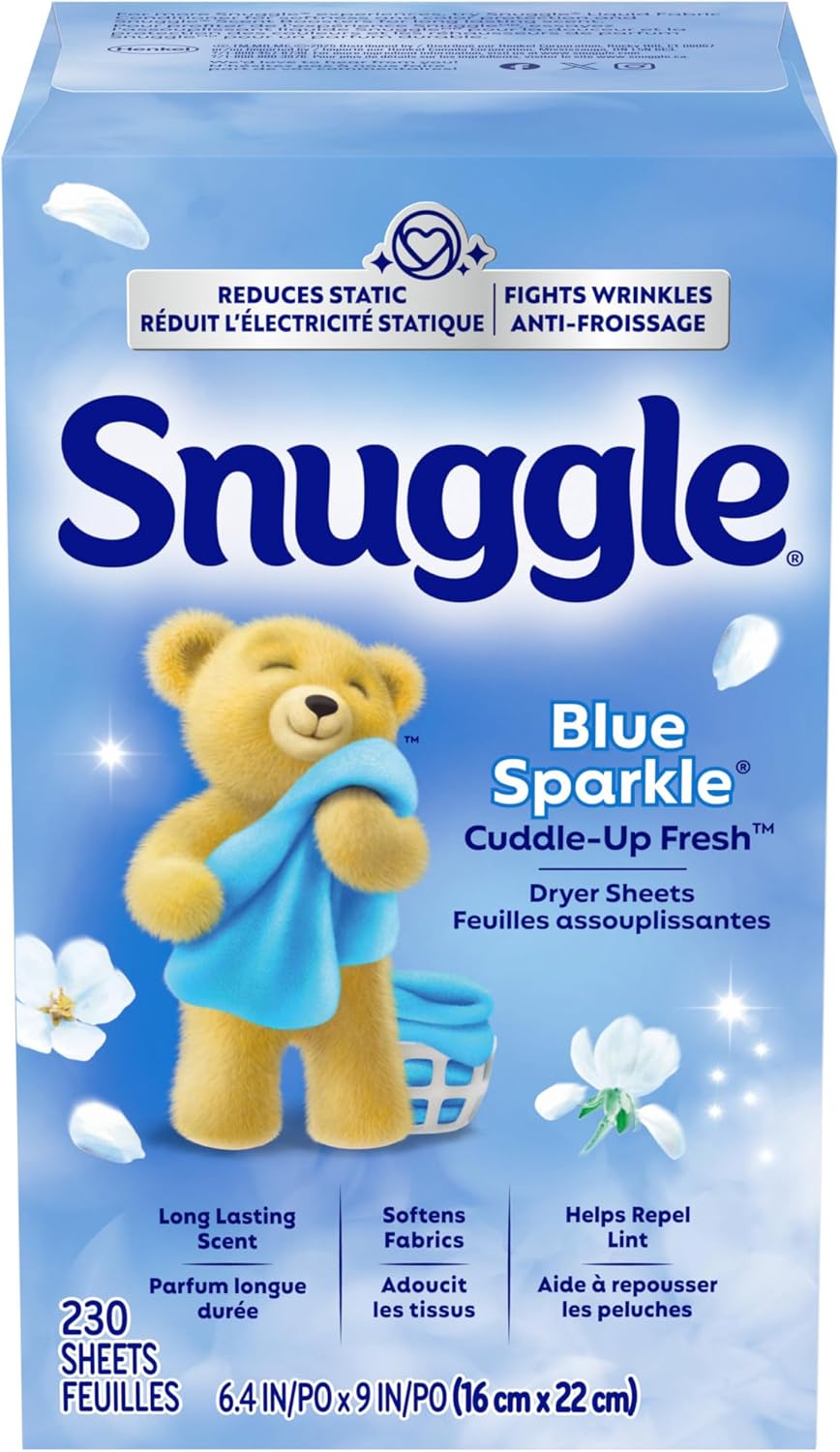 Snuggle Fabric Softener Dryer Sheets, Blue Sparkle Cuddle-Up Fresh, 230 Ct, Long-Lasting Fresh & Clean Scent, Softens Fabric, Reduces Static, Fights Wrinkles, Helps Repel Lint & Pet Hair, HE Safe - Image 6