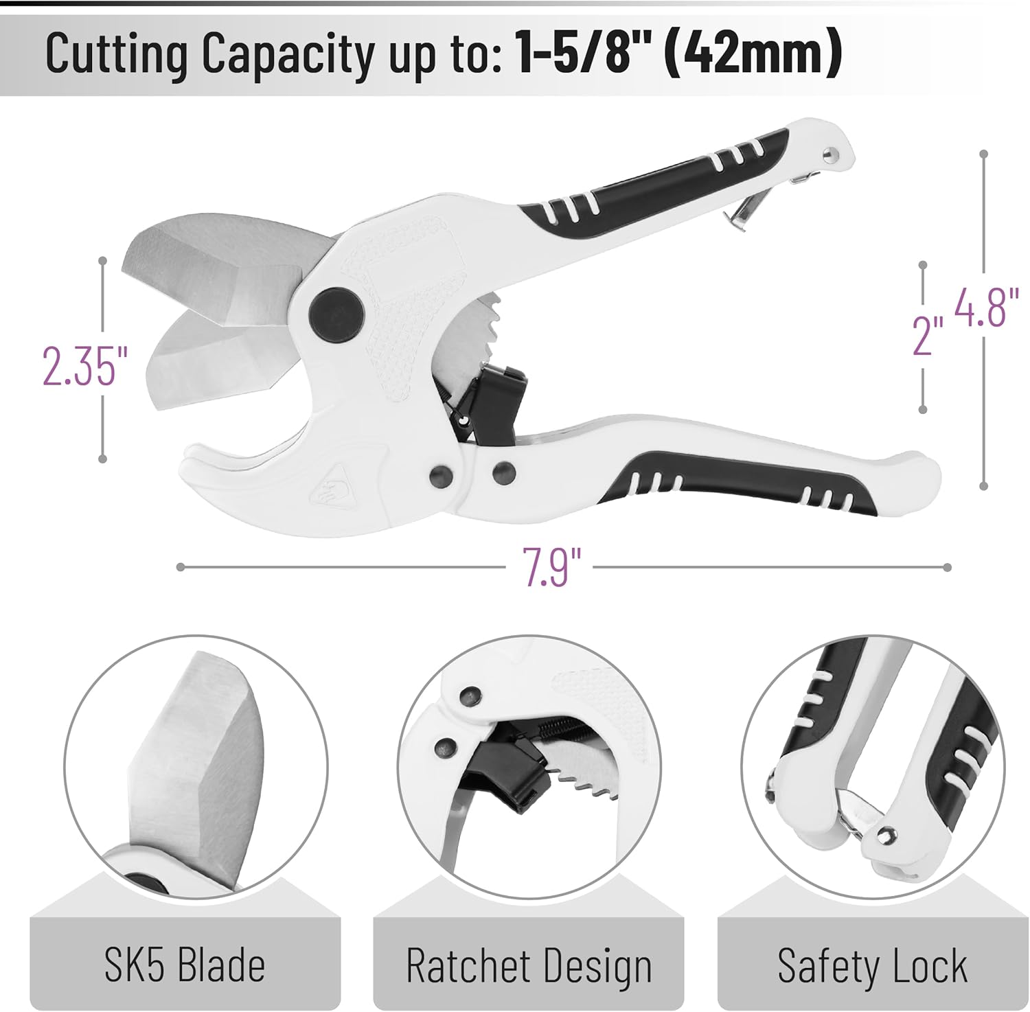 Bates- PVC Pipe Cutter, Cuts up to 1-5/8", Ivory Ratcheting PVC Pipe Cutter Tool, Pipe Cutters PVC Pipe Shears, Plastic Pipe Cutter, PEX Pipe Cutter, PVC Cutter Tool, PVC Ratchet Cutter - Image 2