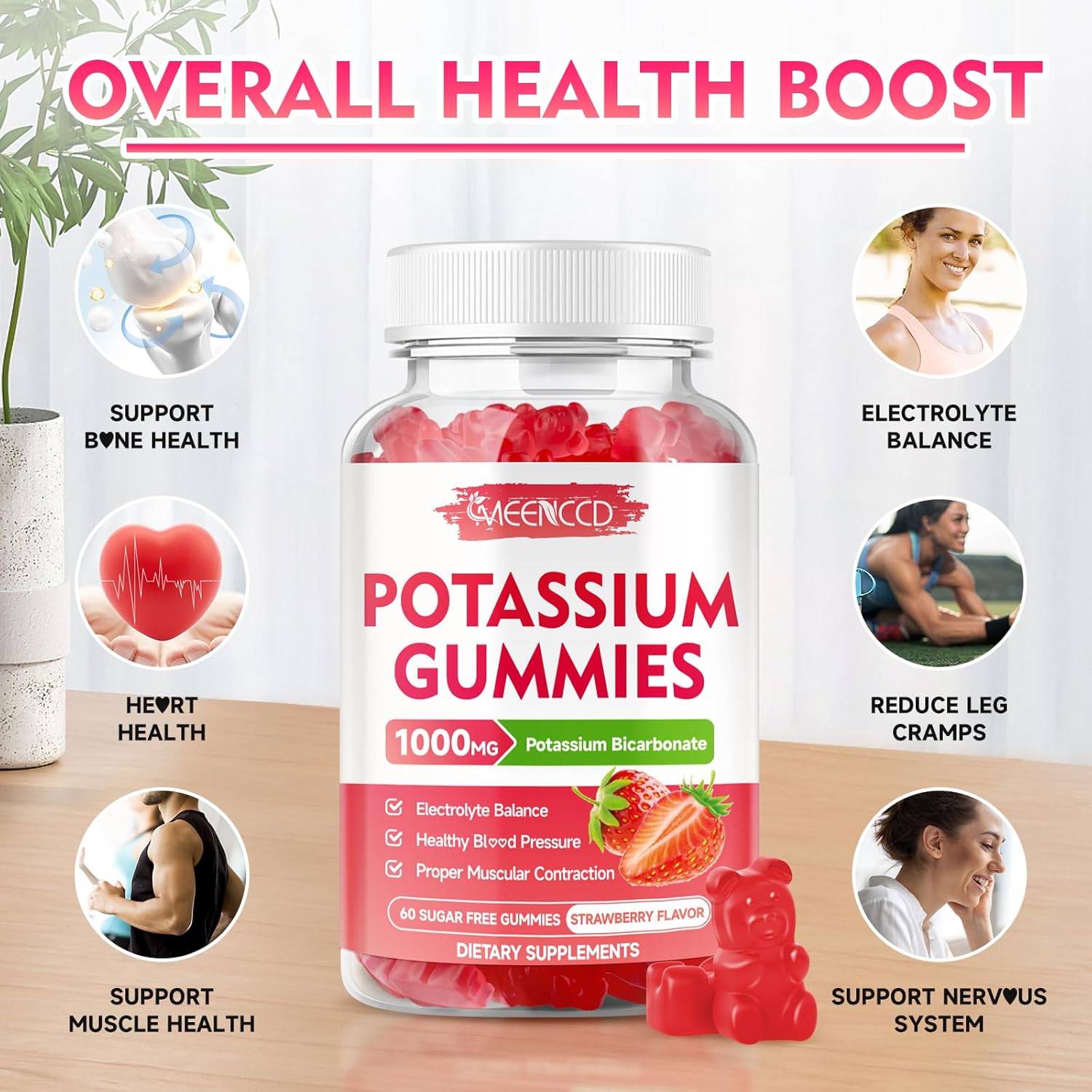 Potassium Gummies, Potassium Bicarbonate Supplement for Adults & Kids, Potassium Supplement for Electrolyte Balance & Muscle Heath, Sugar-Free, Strawberry Flavor, 60 Count - Image 3