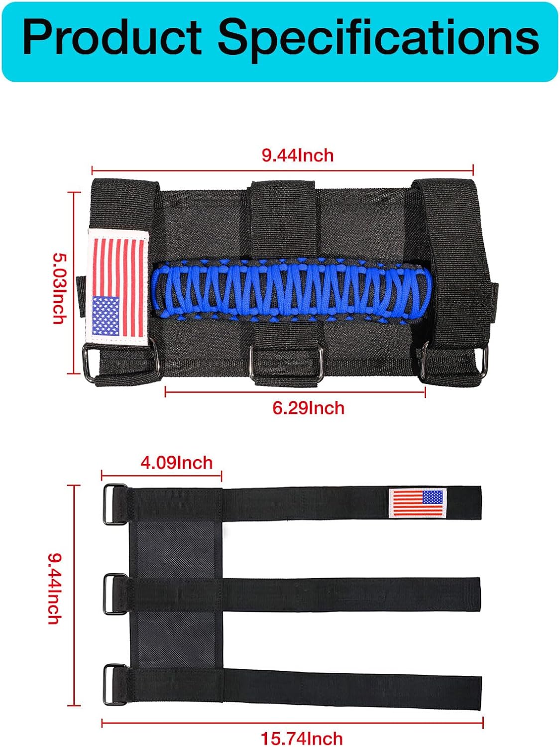 Gaizon 4 Pack Grab Handles Roll Bar Paracord Handgrip Handles with America Flag Pattern Replacement for Jeep Wrangler YJ TJ JK JL,Gladiator JT 1955-2022(Blue) - Image 6