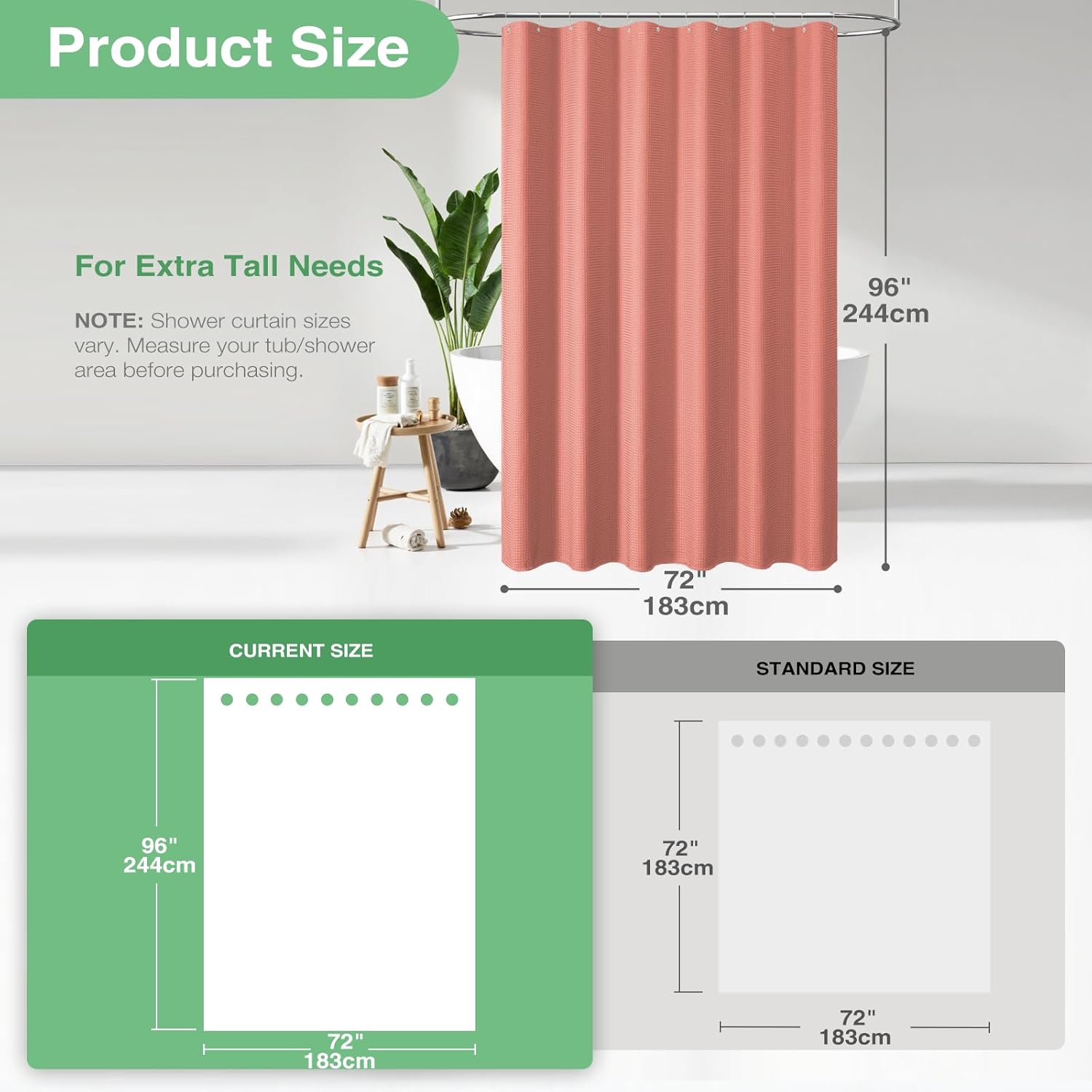 Dynamene Extra Long Shower Curtain - 96 Inch Long Waffle Weave Weighted Thick Cloth Bathroom Shower Curtain, Neutral Heavy Duty Hotel Bath Curtain Set with 12 Plastic Hooks,72x96, Coral - Image 3