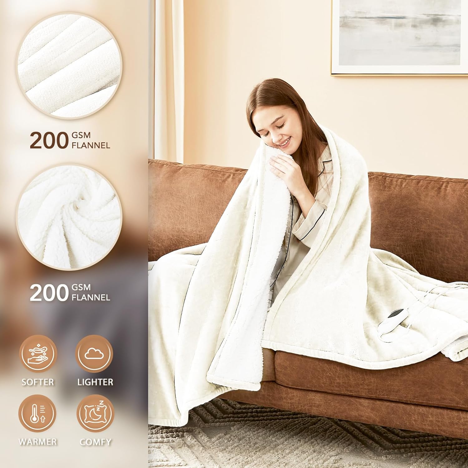 Homemate Electric Heated Blanket King Size - 100"x90" Heating Blanket King Size Dual Control 1/2/4/6/8 Hours Auto-Off 10 Heat Level Over-Heat Protection Flannel Sherpa ETL Certification - Image 2