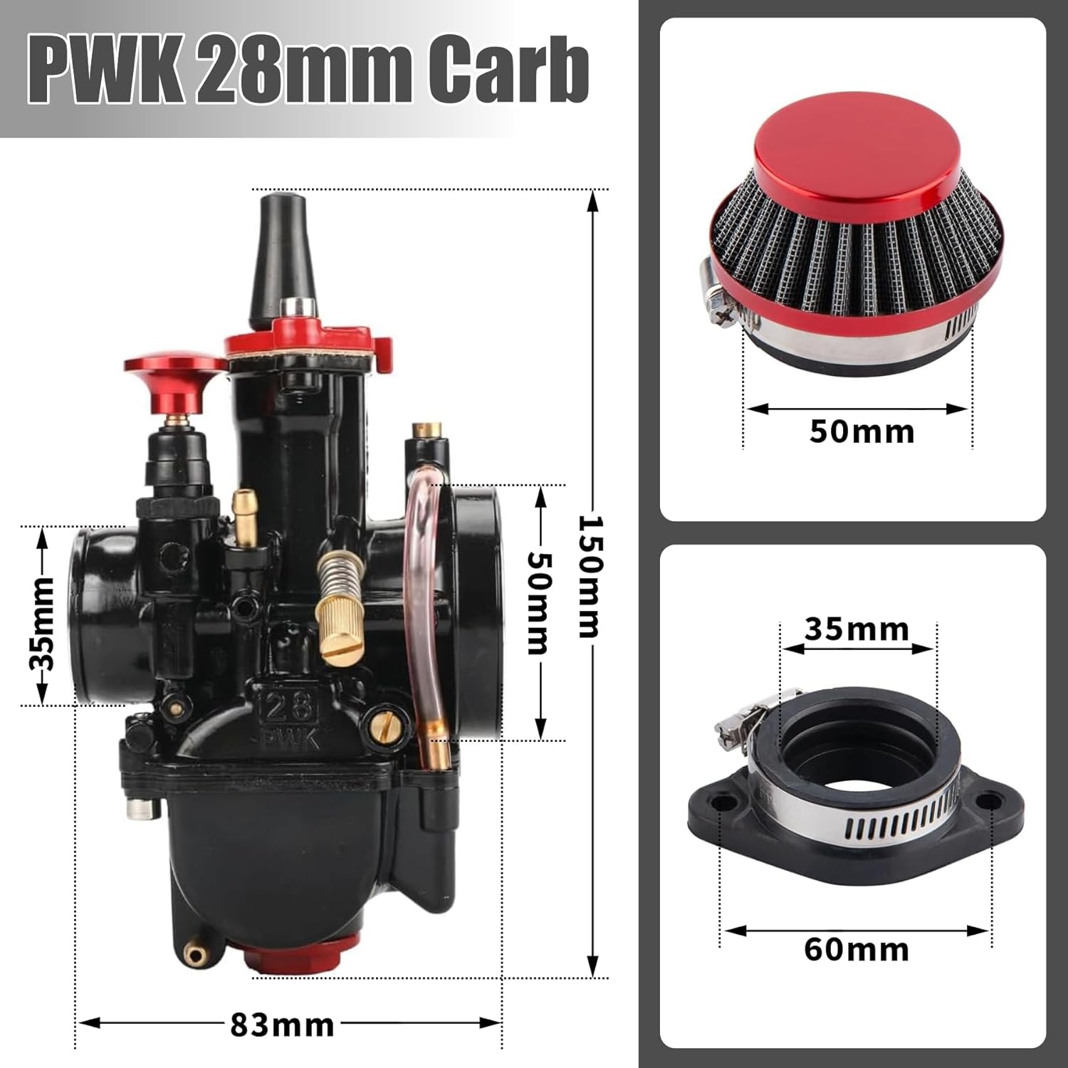PWK Carburetor 28mm Racing Carb 75cc to 125cc 2T 4T Engine Carburetor Kits for Dirt Bike Motocross Motorcycle Scooter ATV Quad with Air Filter Intake Manifold Carb Jets - Image 2