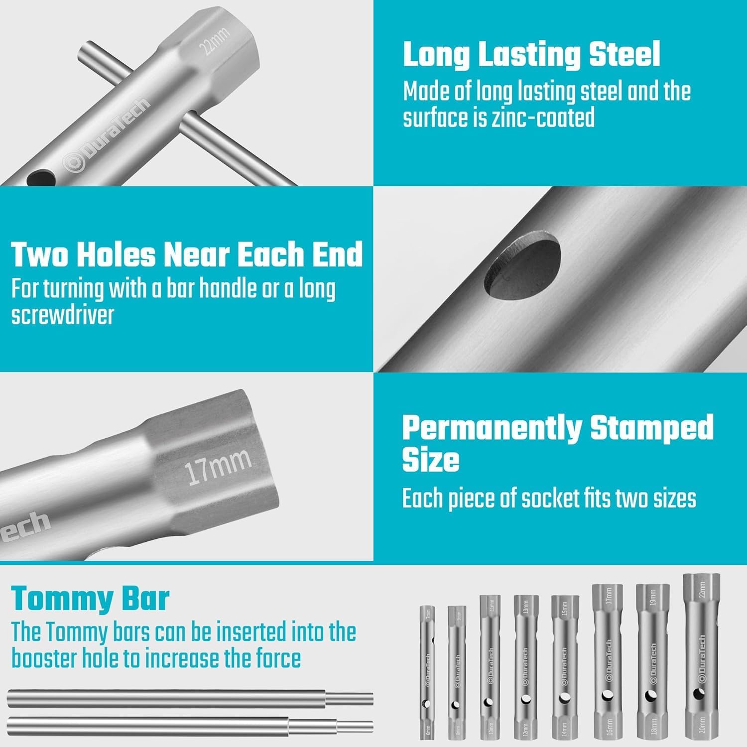 DURATECH 10-Piece Shower Valve Socket Wrench Set with Bar Handles, Metric, 6-22mm, for Removing Tub & Shower Valve, Home Plumbing Repairs - Image 8