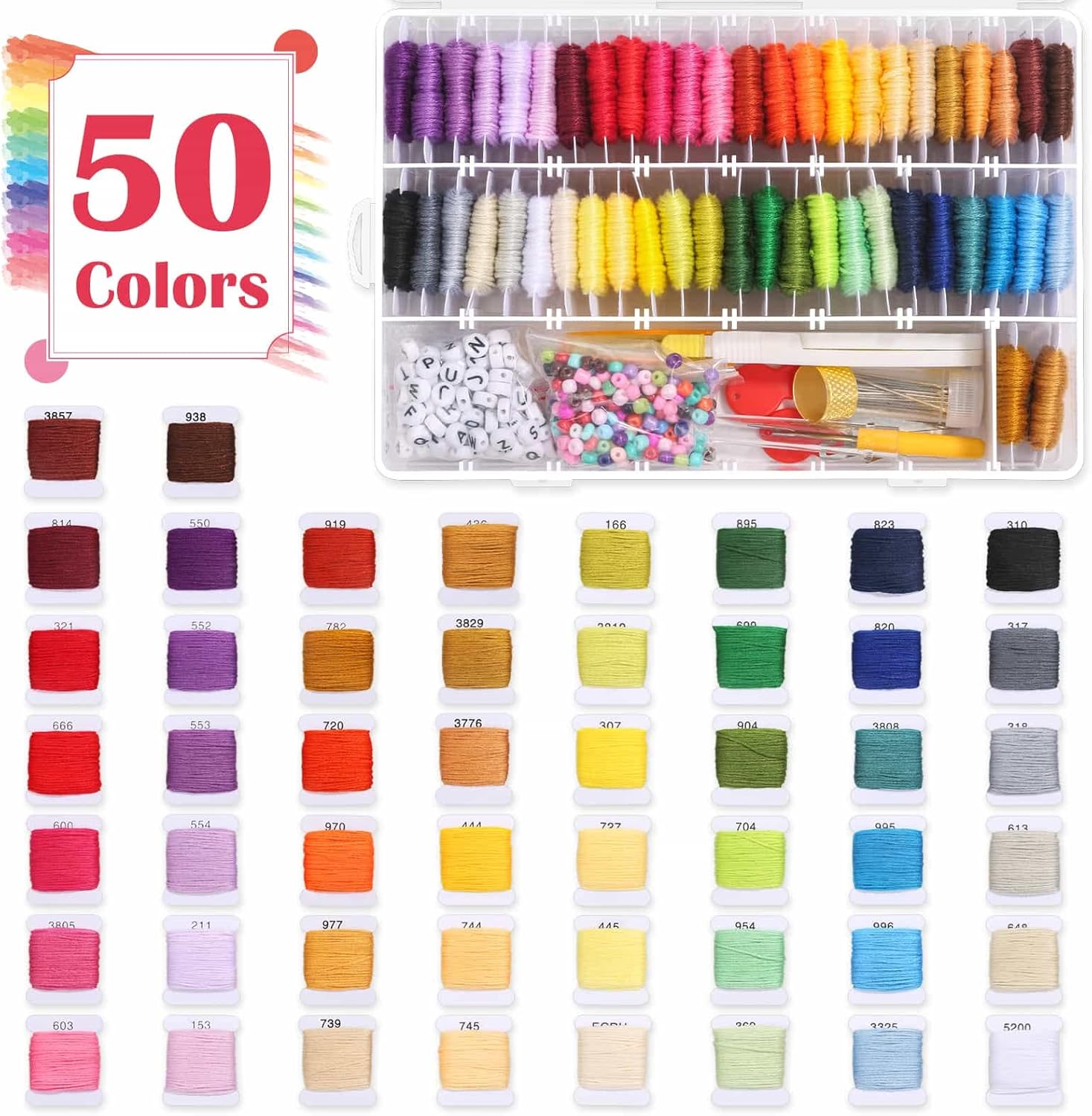 PAXCOO 488Pcs String Bracelet Making Kit, Friendship Bracelet String Kit with 50 Skeins Embroidery Floss Cross Stitch Thread, 400Pcs Friendship Bracelet Beads, 37Pcs Embroidery Tools - Image 3
