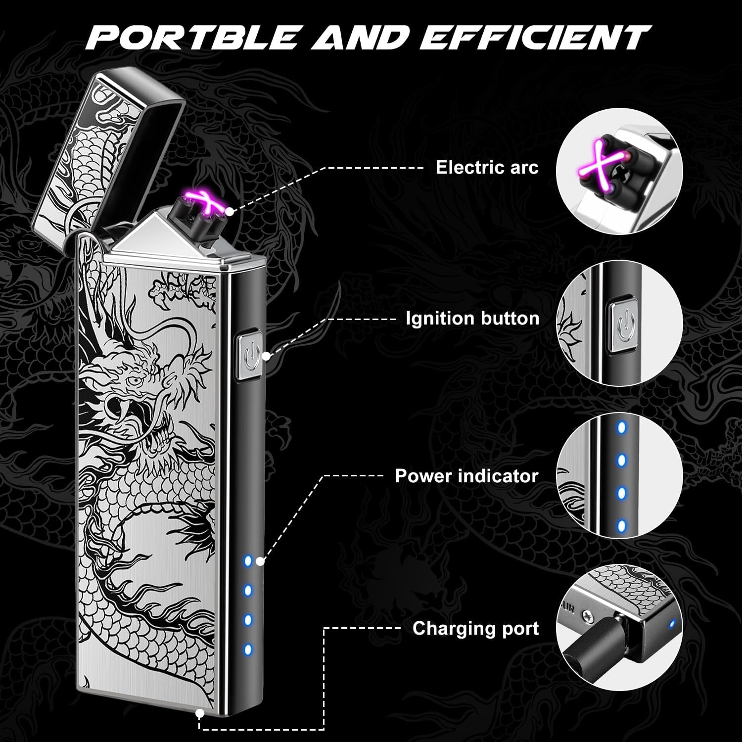LcFun Electric USB Rechargeable Lighter Windproof Plasma Dual Arc Pocket Lighter, Flameless Cool Dragon Lighters for Candle, Camping, Small Valentines Birthday Gifts for Men Husband Father - Image 2