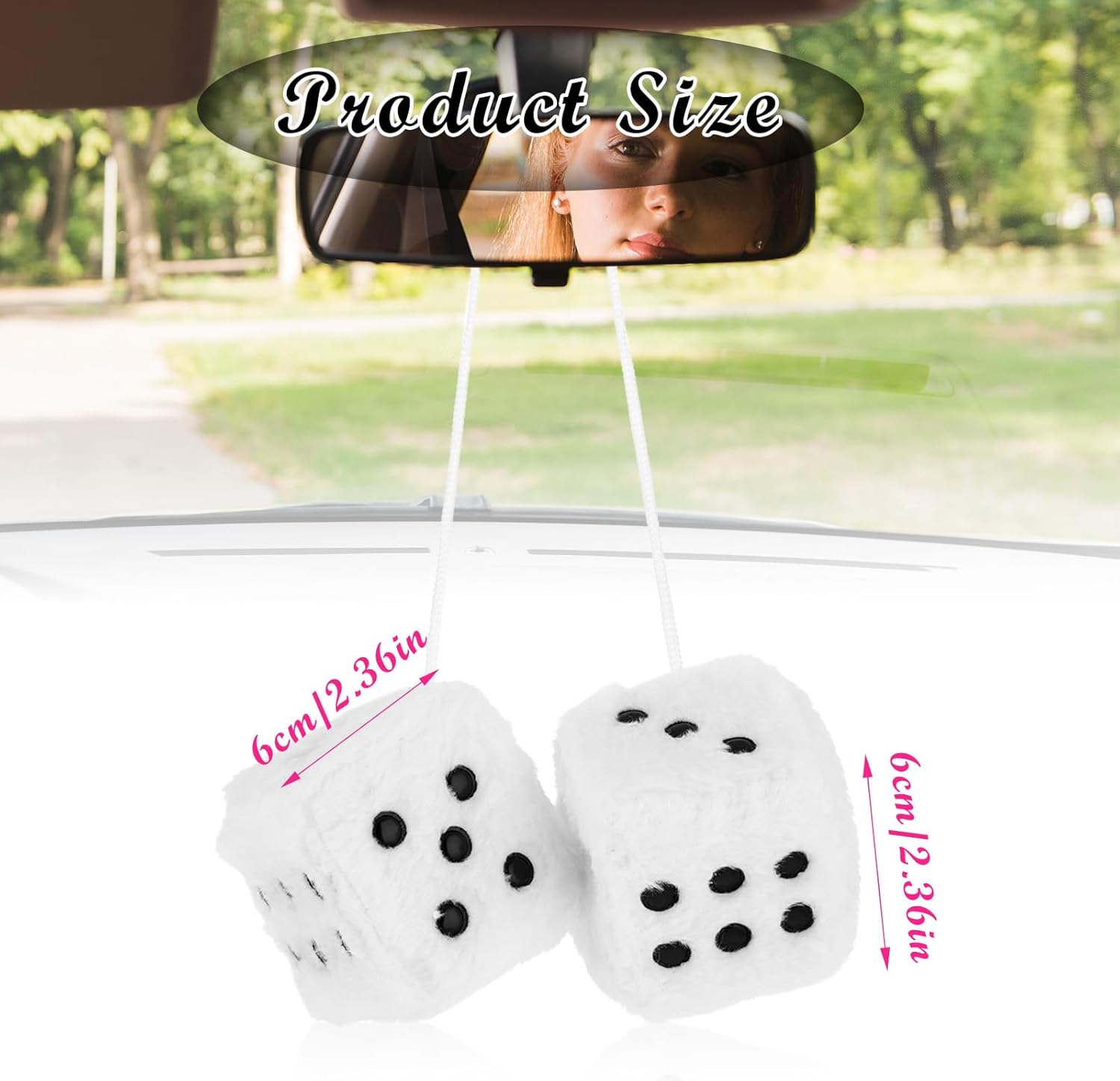 Fuzzy Plush Dice for Car Mirror 2.36” Pair of Retro Square Decoration Dice with White Dots Car Interior Hanging Ornament Decoration(White) - Image 7