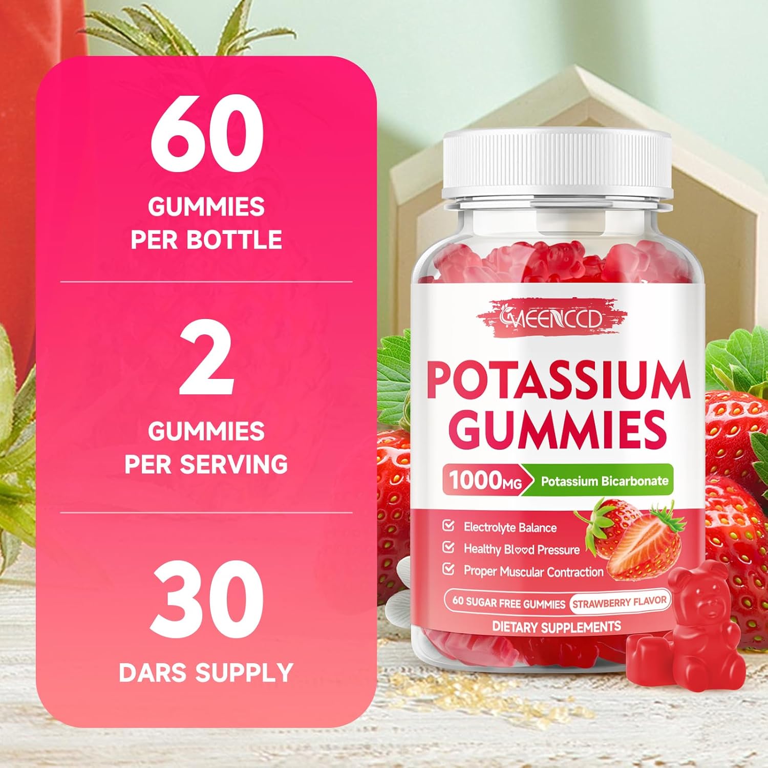 Potassium Gummies, Potassium Bicarbonate Supplement for Adults & Kids, Potassium Supplement for Electrolyte Balance & Muscle Heath, Sugar-Free, Strawberry Flavor, 60 Count - Image 7