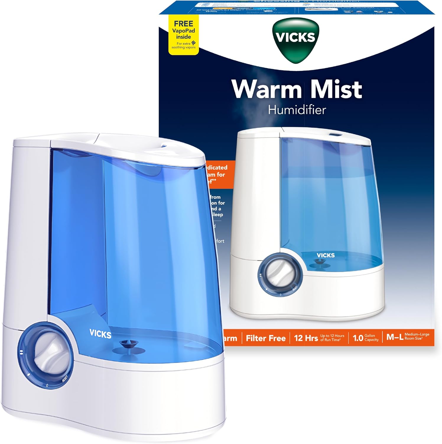 Vicks Warm Mist Humidifier Filter‑Free 1 Gal Tank, Auto Shut‑Off, Night Light, VapoPad and VapoSteam Compatible
