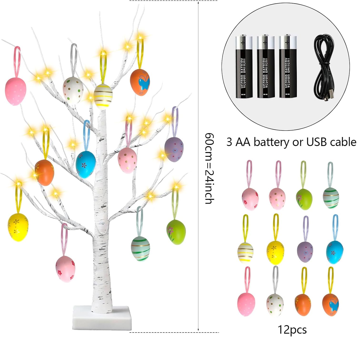 2 Pack Easter Decorations 24 Inch Artificial Lighted Easter Egg Tree, Pre-lit White Birch Tree with 12 Hanging Egg Ornaments for Party Birthday Home Spring Decoration - Image 4