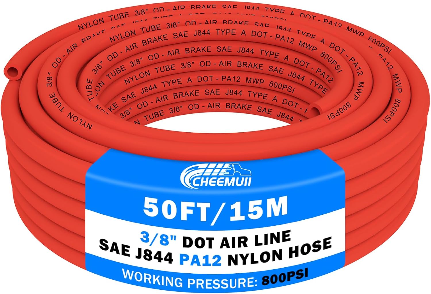 CheeMuii 50 FT 3/8" DOT Air Line Red 3/8 PA12 Nylon Pneumatic Tubing 15.2 Meter 3/8 Inch OD Pneumatic Air Tubing Pipe Hose Line for Semi Truck Trailer or Industrial Air System