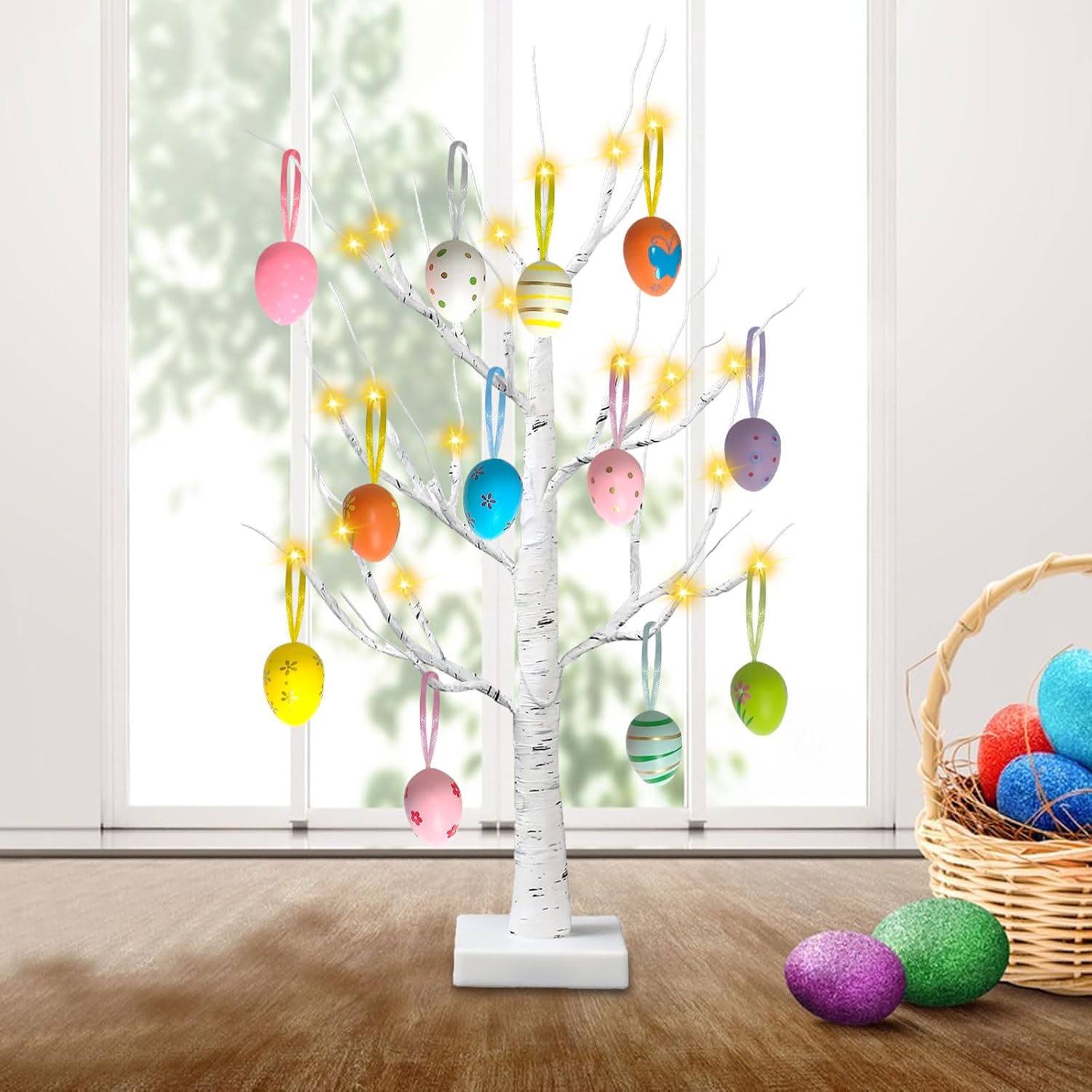 2 Pack Easter Decorations 24 Inch Artificial Lighted Easter Egg Tree, Pre-lit White Birch Tree with 12 Hanging Egg Ornaments for Party Birthday Home Spring Decoration - Image 7