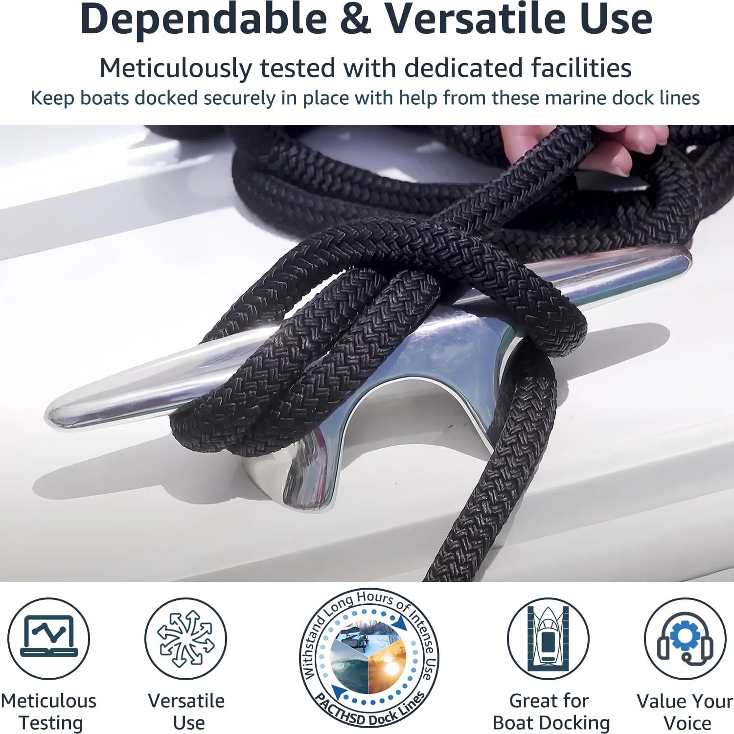 2 Pack 1/2" x 30' Dock Lines - Marine Grade Nylon Boat Rope with 12" Loop for Docking and Mooring - Double Braided Boat Lines, High Strength, Easy Handling, Fray Resistant - Black - Image 5