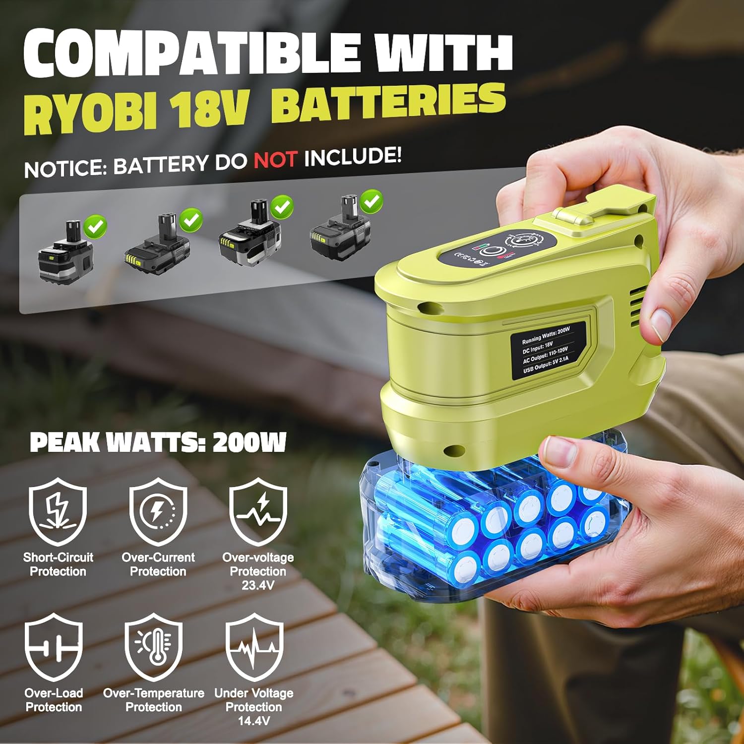 Real 200W Portable Power Inverter Compatible with Ryobi 18V, LIVOWALNY Outdoor Generato Battery Converter 2 USB & AC Battery Powered Outlet, DC 18V to AC 110V-120V Power Station (Tool Only) - Image 3
