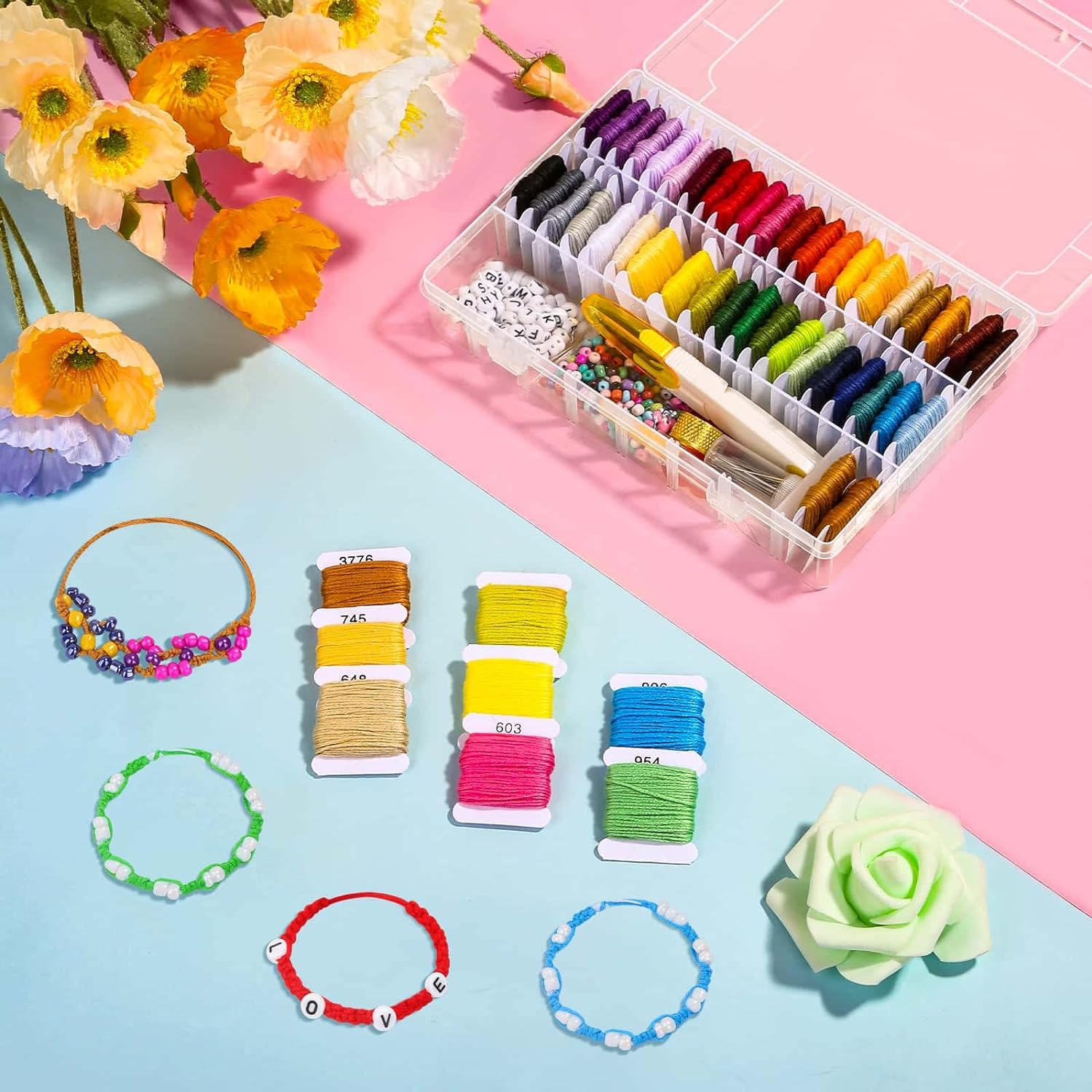 PAXCOO 488Pcs String Bracelet Making Kit, Friendship Bracelet String Kit with 50 Skeins Embroidery Floss Cross Stitch Thread, 400Pcs Friendship Bracelet Beads, 37Pcs Embroidery Tools - Image 5