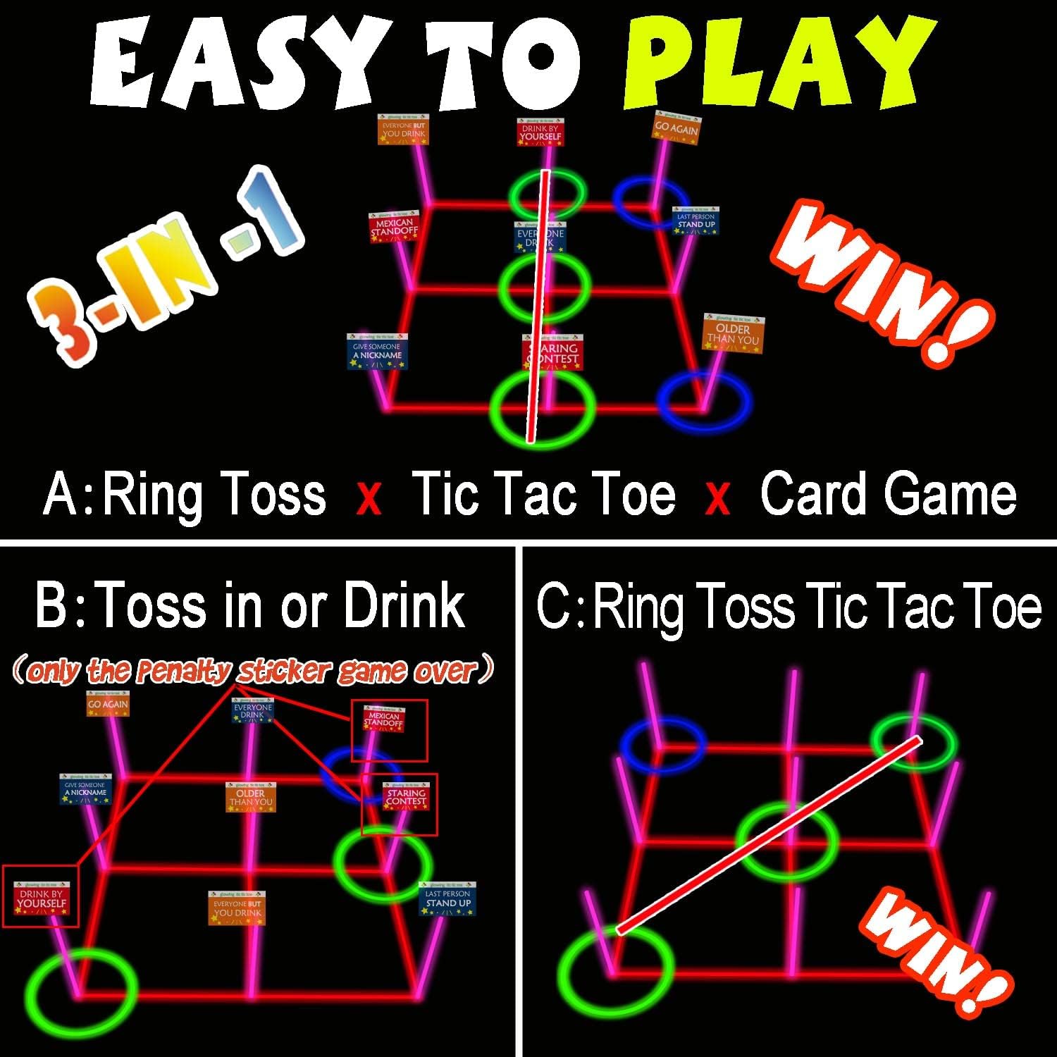 18.2 Inch 3-in-1 Glowing Ring Toss Tic Tac Toe Outdoor Game for Adults and Family - Image 2