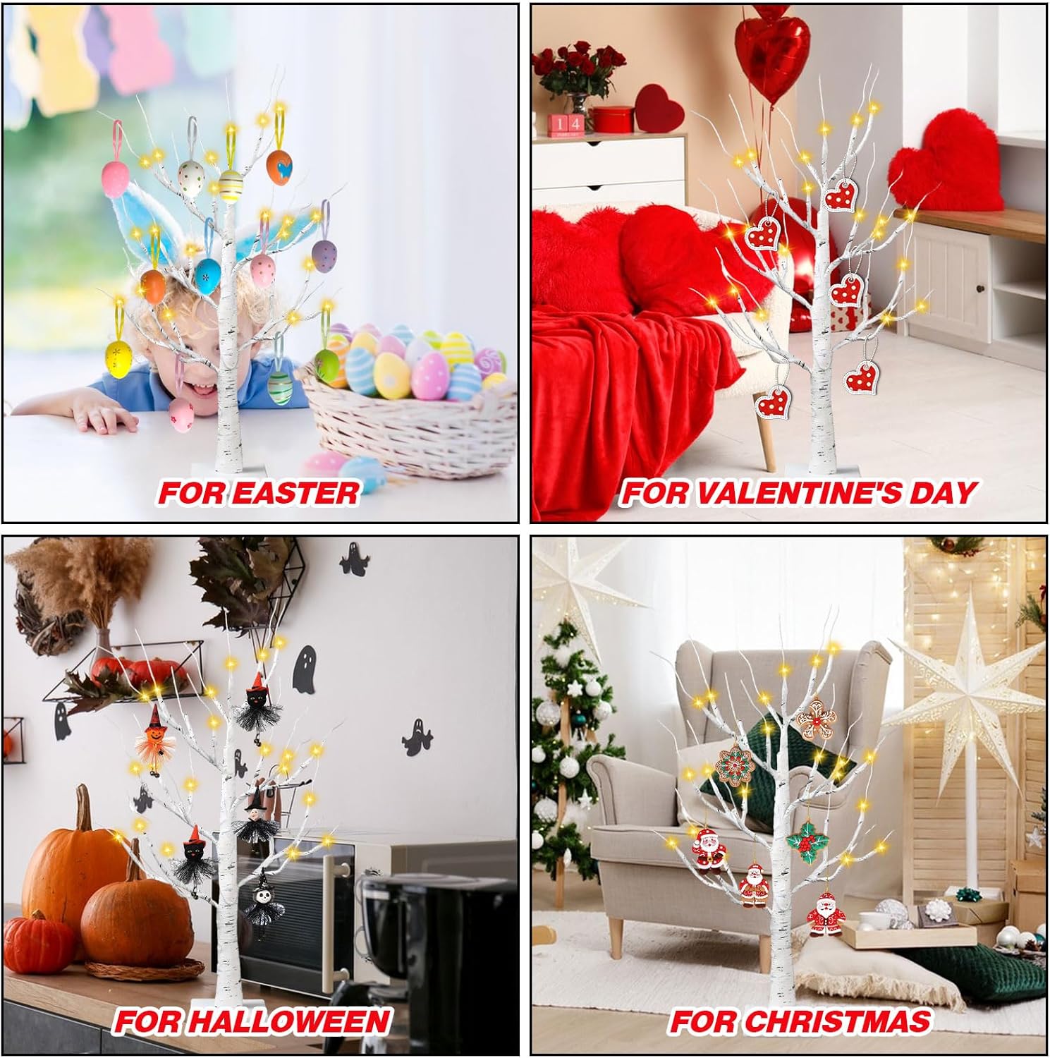 2 Pack Easter Decorations 24 Inch Artificial Lighted Easter Egg Tree, Pre-lit White Birch Tree with 12 Hanging Egg Ornaments for Party Birthday Home Spring Decoration - Image 6