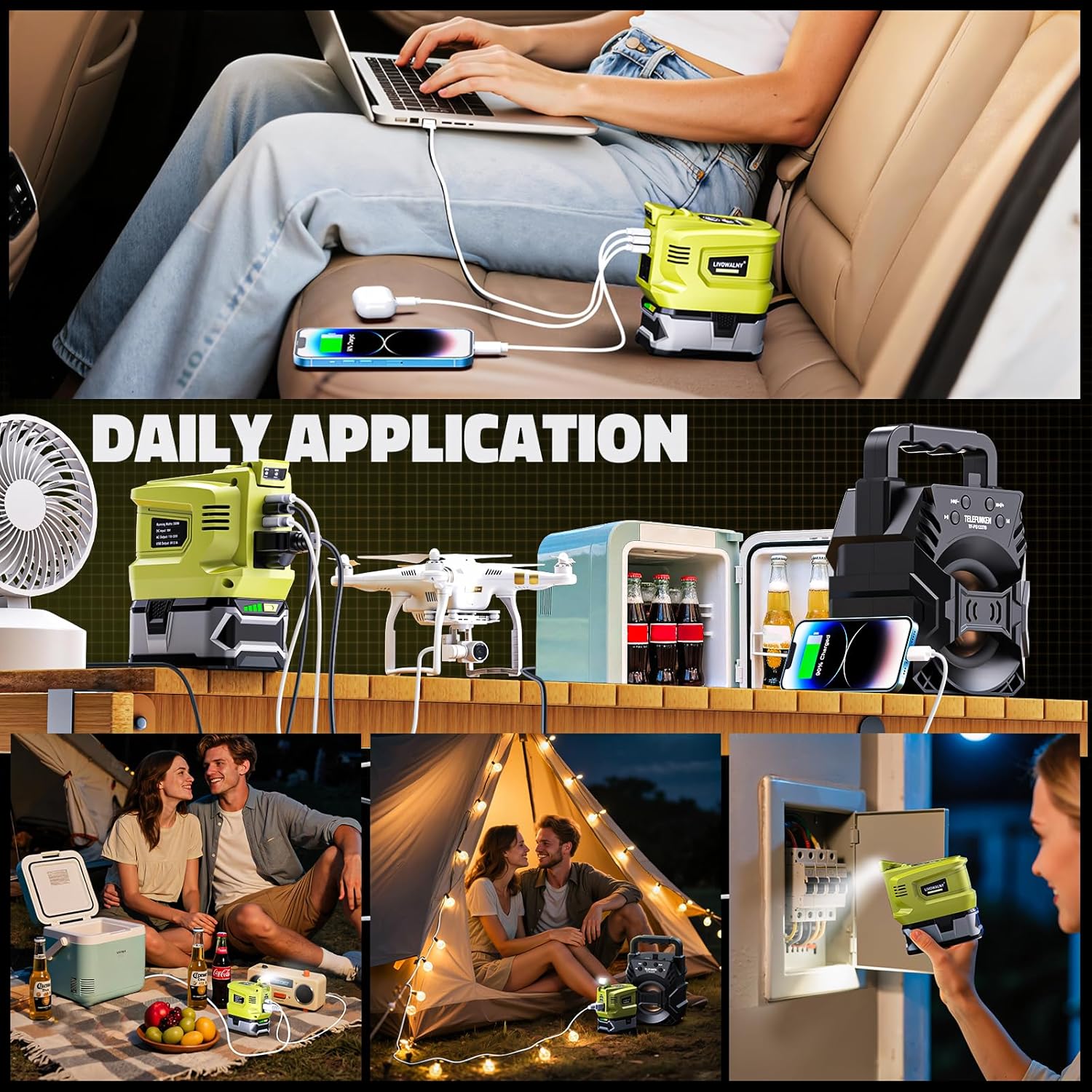 Real 200W Portable Power Inverter Compatible with Ryobi 18V, LIVOWALNY Outdoor Generato Battery Converter 2 USB & AC Battery Powered Outlet, DC 18V to AC 110V-120V Power Station (Tool Only) - Image 7