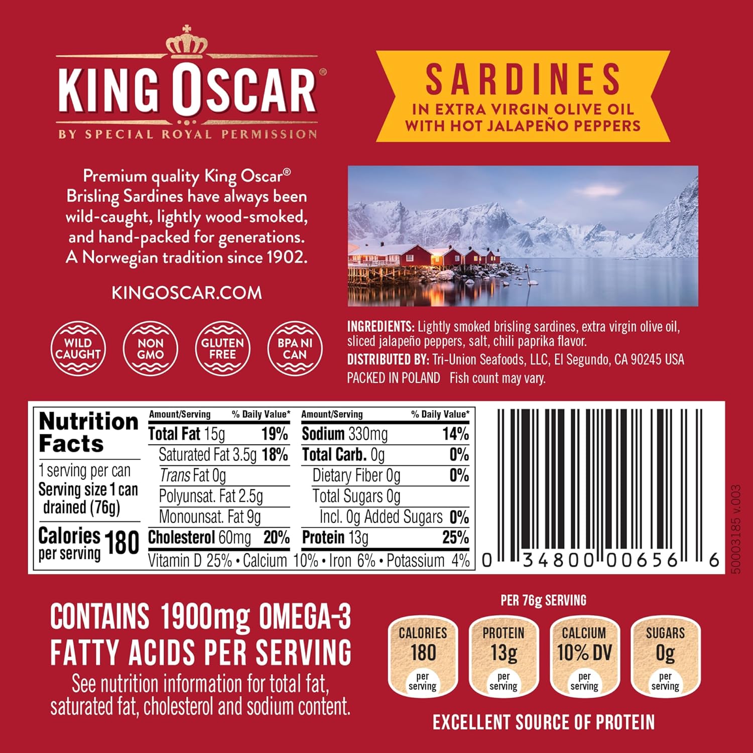 King Oscar Wild Caught Sardines in Extra Virgin Olive Oil, Hot Jalapeno Peppers, 3.75 Ounce (Pack of 12) (3480000656) - Image 2