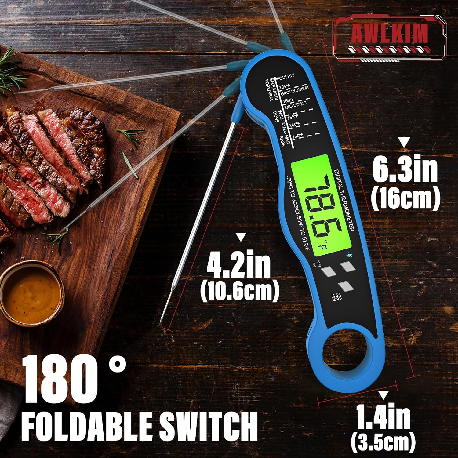 Fast Instant Read Meat Thermometer with Backlight - Waterproof Digital Food Probe for Grilling, Cooking, Baking & Candy Making - Kitchen & BBQ Essential(Blue) - Image 3