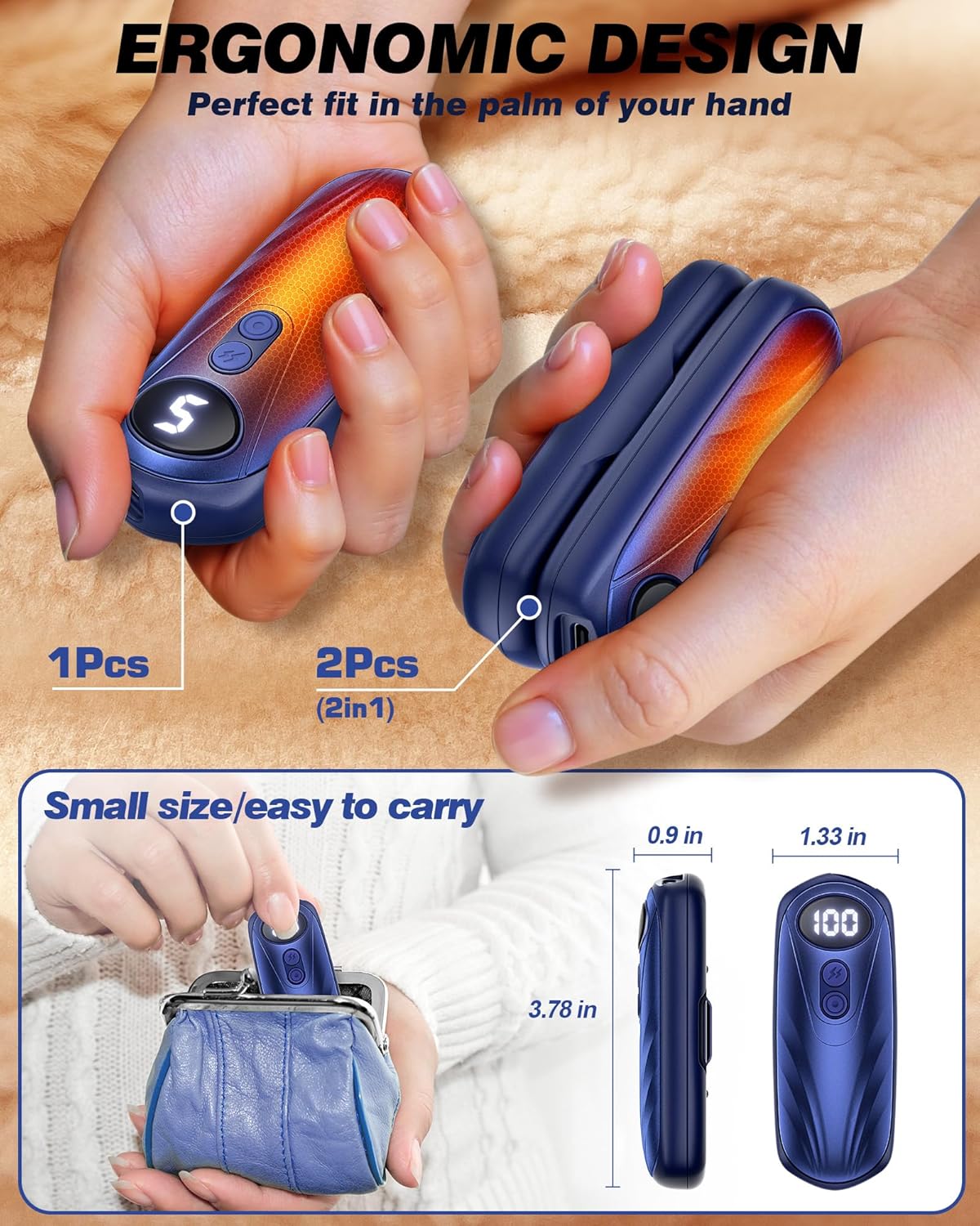 Hand Warmers Rechargerable 2 Pack - 6000mAh Electric AI Handwarmers with LED Display, 5-Level, 2 in 1 Portable Heater, Warm Gifts for Women/Men/Golf/Camping/Hunting/Travel/Outdoor/Indoor - Image 6