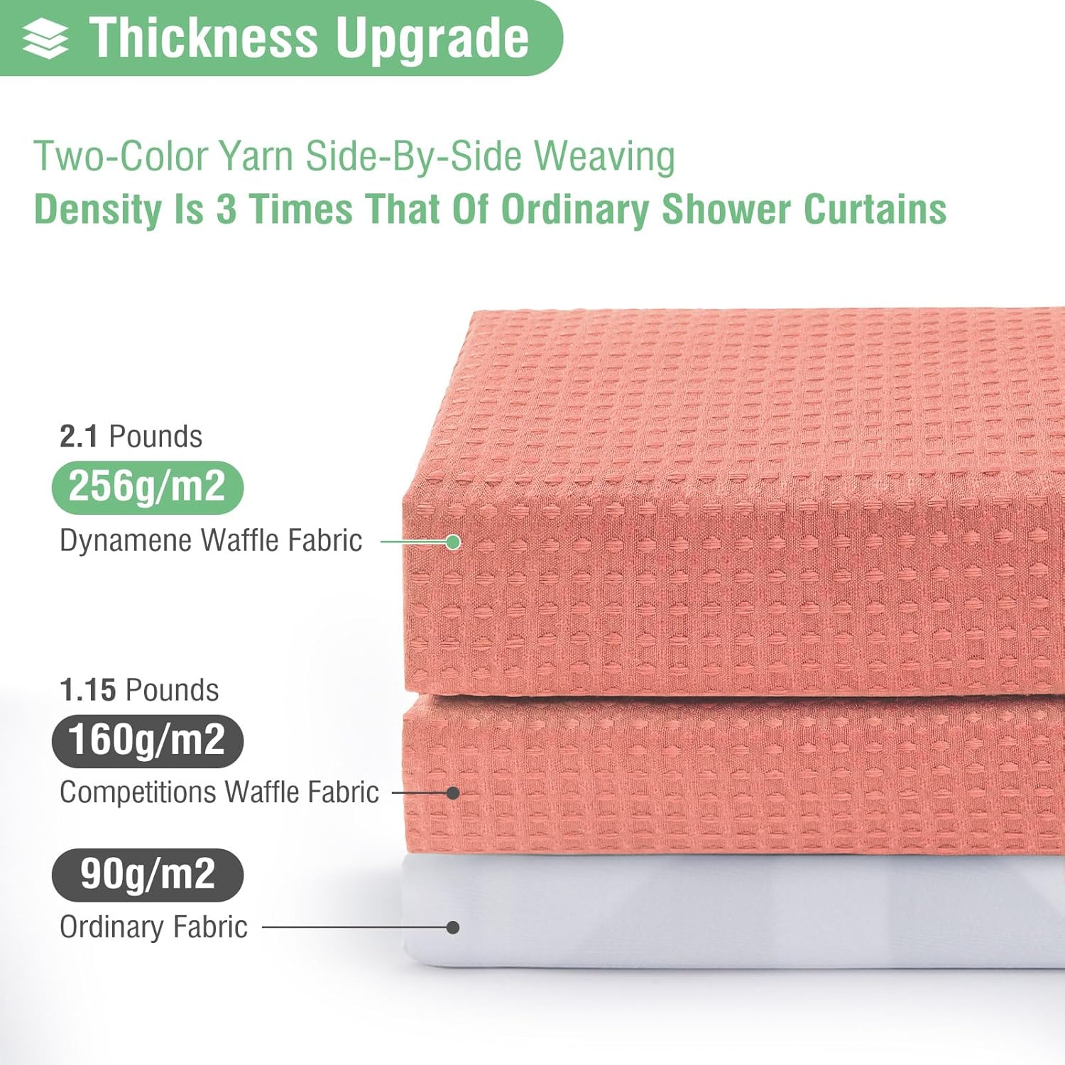 Dynamene Extra Long Shower Curtain - 96 Inch Long Waffle Weave Weighted Thick Cloth Bathroom Shower Curtain, Neutral Heavy Duty Hotel Bath Curtain Set with 12 Plastic Hooks,72x96, Coral - Image 2