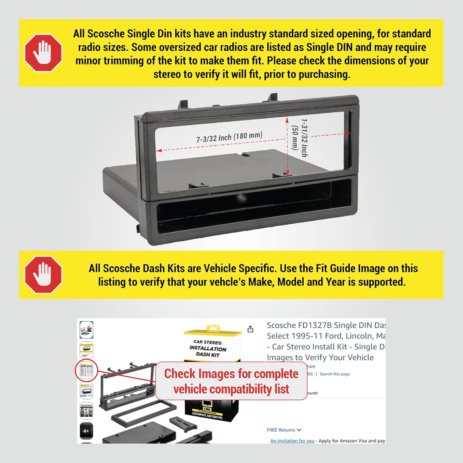 Scosche FD1327B Single DIN Dash Kit Compatible with Select 1995-11 Ford, Lincoln, Mazda and Mercury Vehicles - Car Stereo Install Kit - Single DIN Only - See Fit Guide in Images to Verify Your Vehicle - Image 2