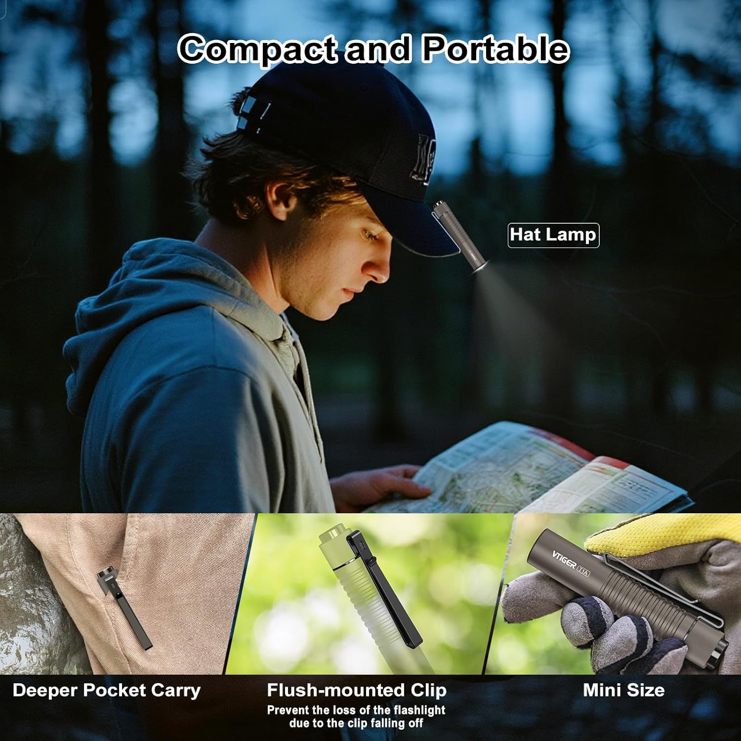 VTIGER T1A Mini Pocket EDC Flashlight with Clip,1300 Lumen Compact AA Rechargeable LED Little Flashlights, Super Bright Tail Switch Small Flash Light with Magnet for Camping,Hiking,Outdoor,Emergency - Image 5