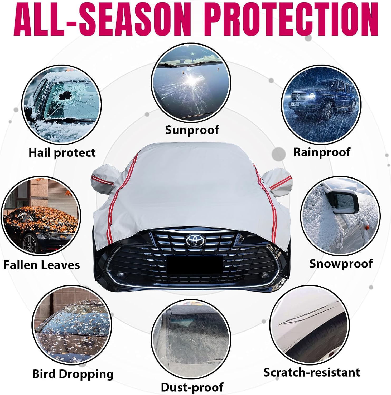 Half Car Cover SUV,Top Cover with Red Reflective Strip, Hail Protector Car Cover with Cotton Liner, Sunroof & Windshield Cover for Ice and Snow, All Weather Car Body Cover for Sun, Rain, Dust - Image 3