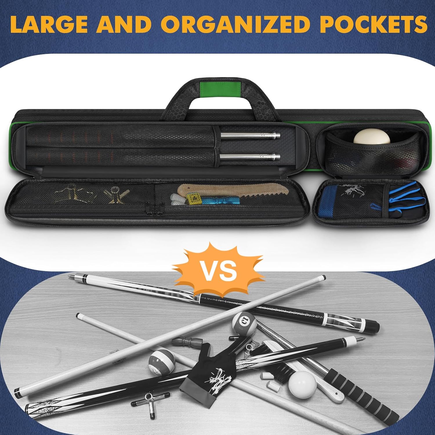 Pool Cue Case, Pool Stick Case 2x2 Holds 2 Sticks with 2 Accessory Zipper Pockets, Sturdy Polyester Pool Cue Carry Bag with Shoulder Strap Handle, Soft Billiard Cue Sling Bag for Men and Women - Image 5