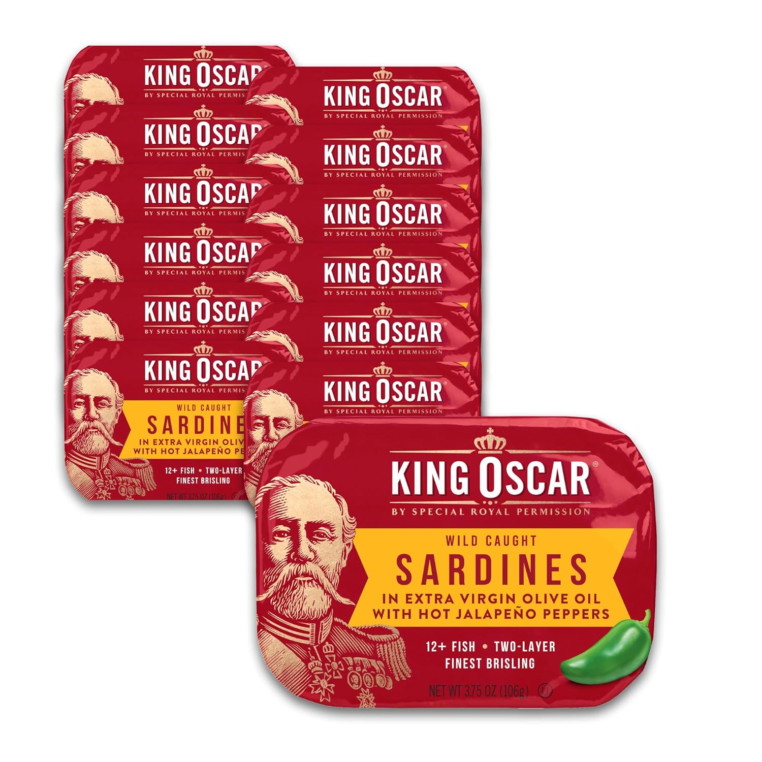 King Oscar Wild Caught Sardines in Extra Virgin Olive Oil, Hot Jalapeno Peppers, 3.75 Ounce (Pack of 12) (3480000656)