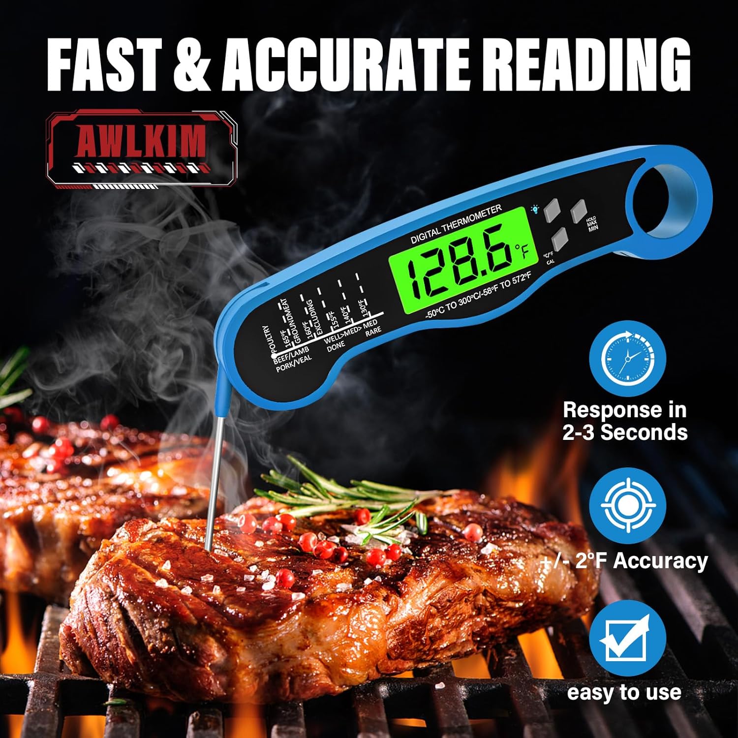 Fast Instant Read Meat Thermometer with Backlight - Waterproof Digital Food Probe for Grilling, Cooking, Baking & Candy Making - Kitchen & BBQ Essential(Blue) - Image 2