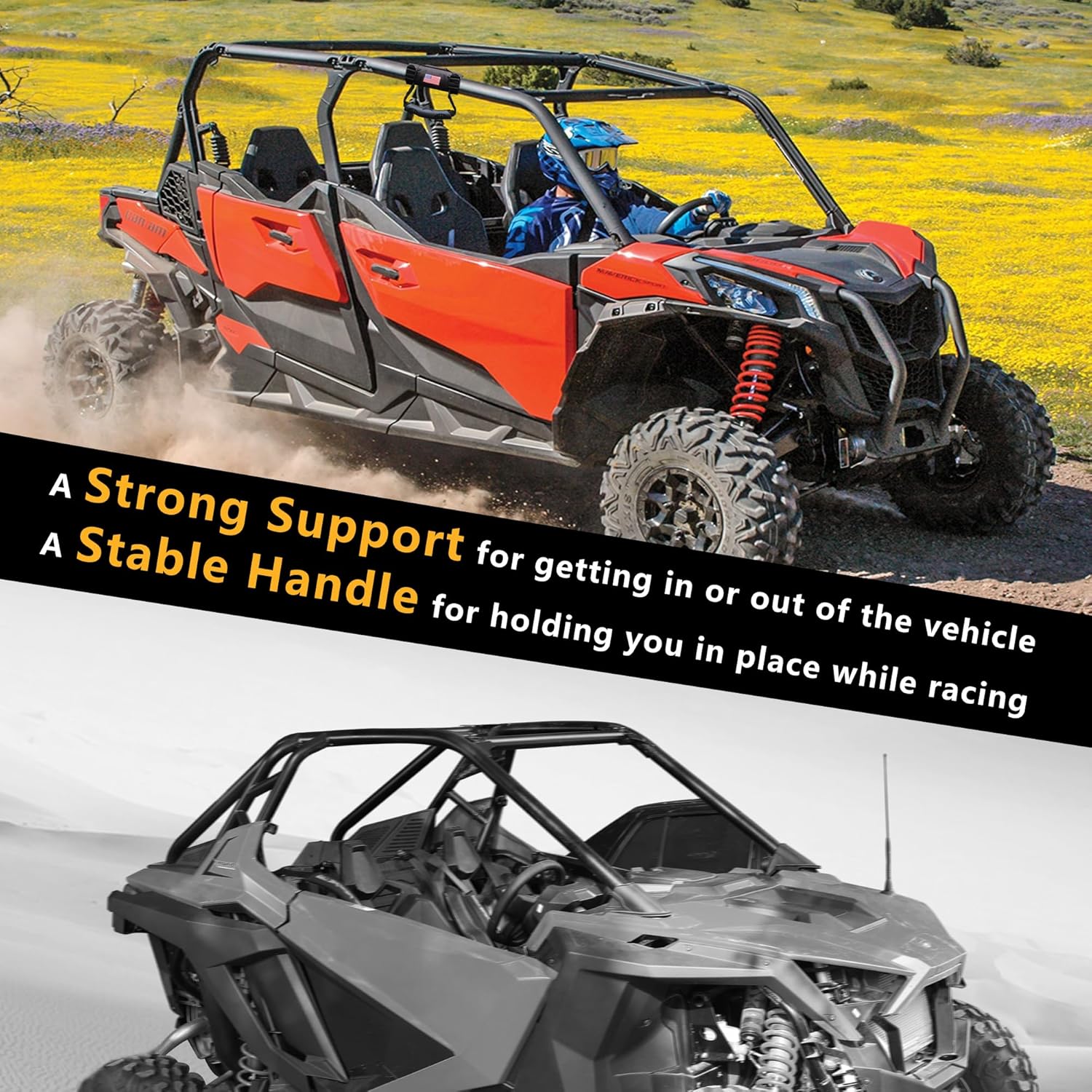 UTV ATV Roll Bar Grab Handles Grips Compatible with Polaris RZR Ranger Can Am Kawasaki Wildcat Pioneer Accessories 1.5” - 1.75” Roll Cage Hand Holds with US Flag, 2 Pack - Image 5