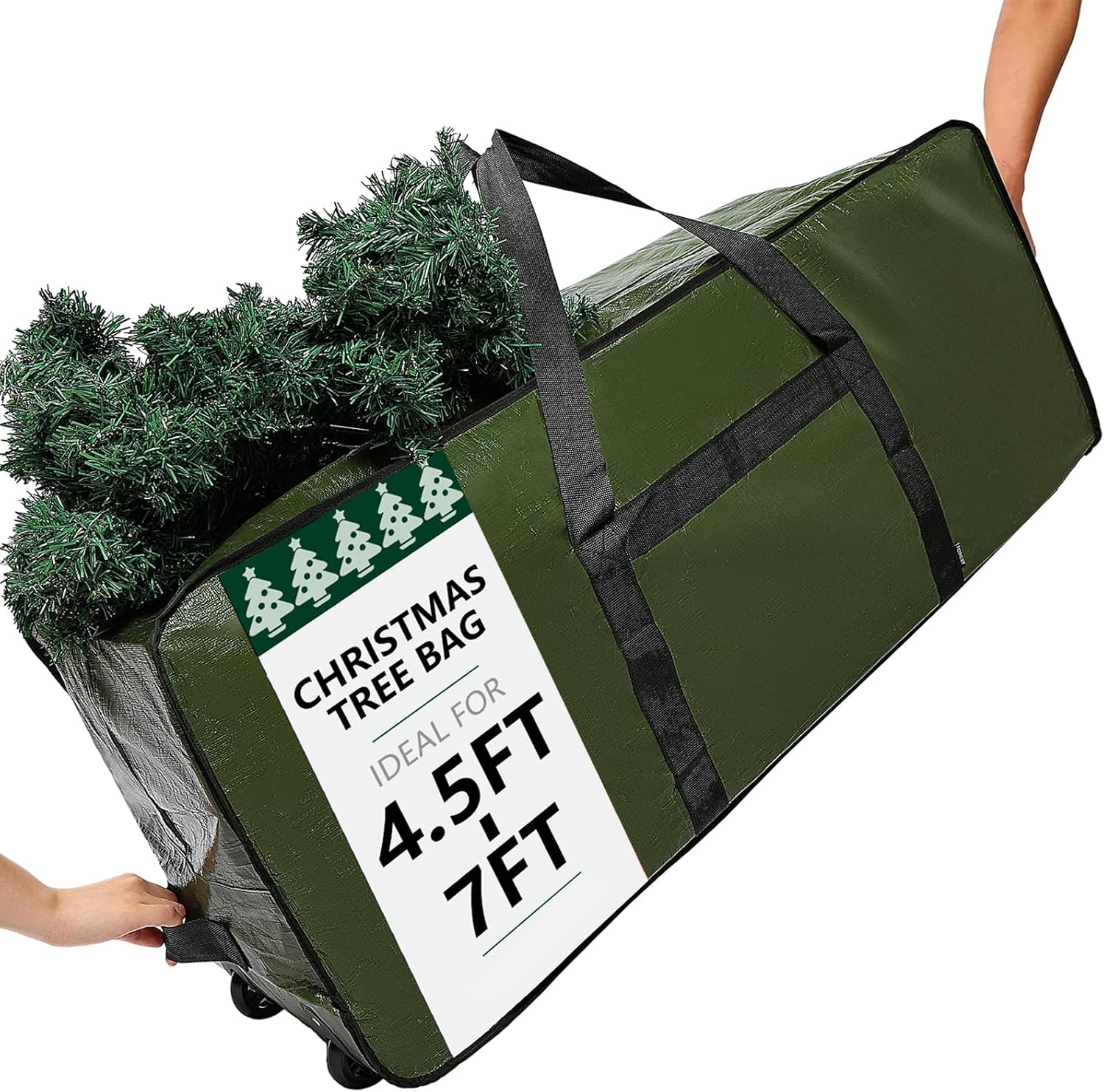 HOMEST Christmas Tree Storage Bag, Fits for 4.5-7 ft Xmas Artificials, Zippered Bag with Reinforced Carrying Handles and Wheels, Green (Bag Only)