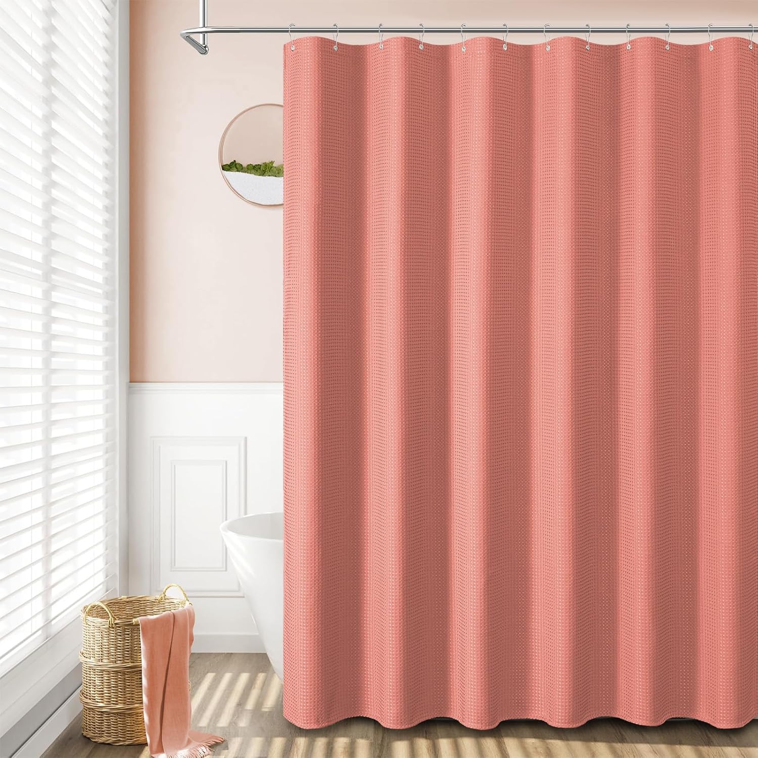 Dynamene Extra Long Shower Curtain - 96 Inch Long Waffle Weave Weighted Thick Cloth Bathroom Shower Curtain, Neutral Heavy Duty Hotel Bath Curtain Set with 12 Plastic Hooks,72x96, Coral - Image 6