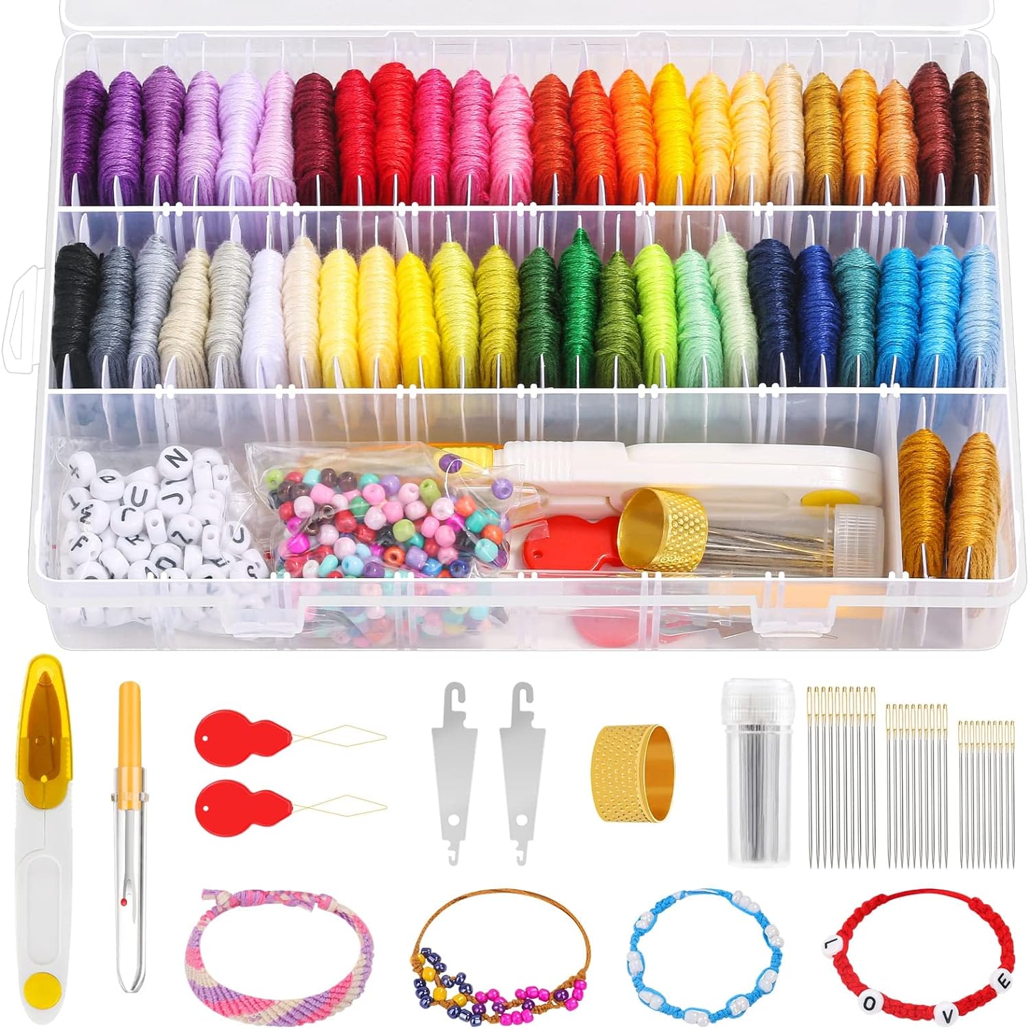 PAXCOO 488Pcs String Bracelet Making Kit, Friendship Bracelet String Kit with 50 Skeins Embroidery Floss Cross Stitch Thread, 400Pcs Friendship Bracelet Beads, 37Pcs Embroidery Tools